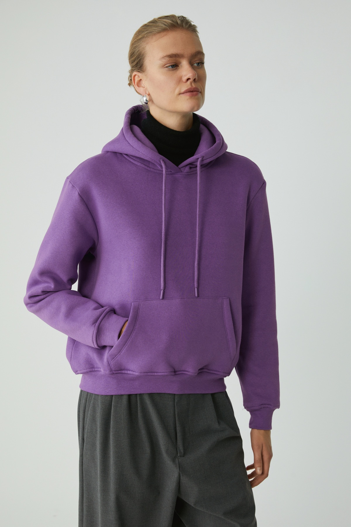 ETHIQUET DİANE Kadın İçi Polarlı Yumuşacık Comfort Fit Kapüşonlu MOR Sweatshirt görsel 5