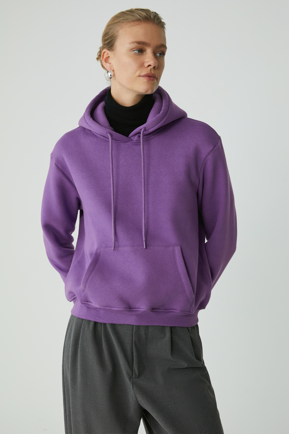 ETHIQUET DİANE Kadın İçi Polarlı Yumuşacık Comfort Fit Kapüşonlu MOR Sweatshirt görsel 6