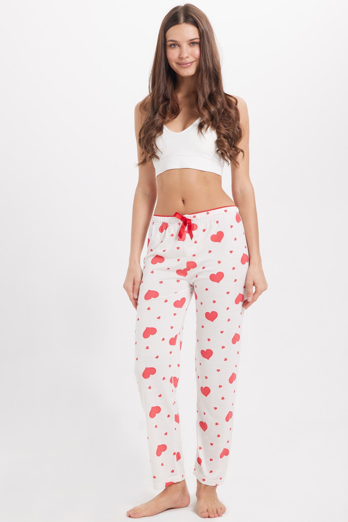 TUDORS Kadın Regular Fit Klasik Kesim Viskon Beli Lastikli Fiyonk Detaylı Baskılı Beyaz Pijama Altı görsel 4