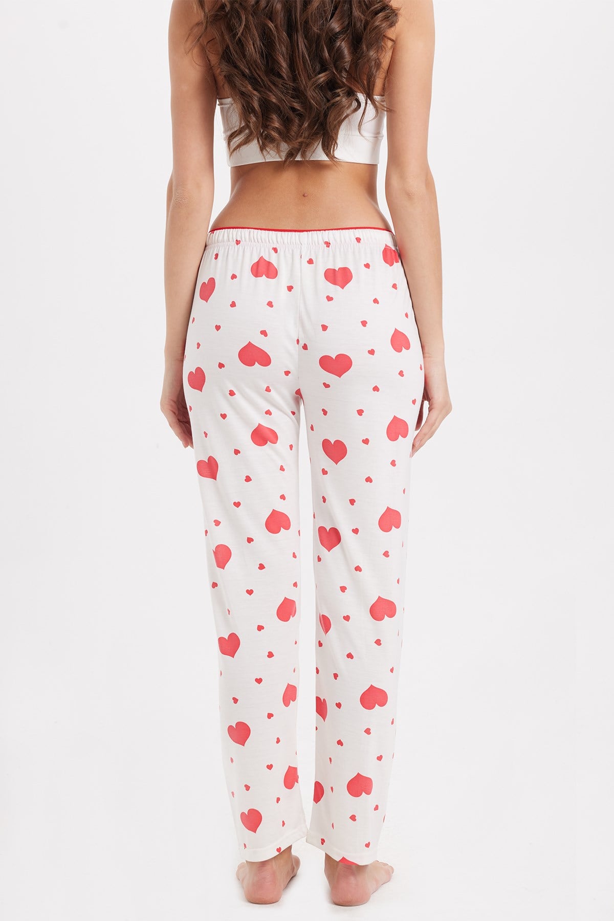 TUDORS Kadın Regular Fit Klasik Kesim Viskon Beli Lastikli Fiyonk Detaylı Baskılı Beyaz Pijama Altı görsel 7