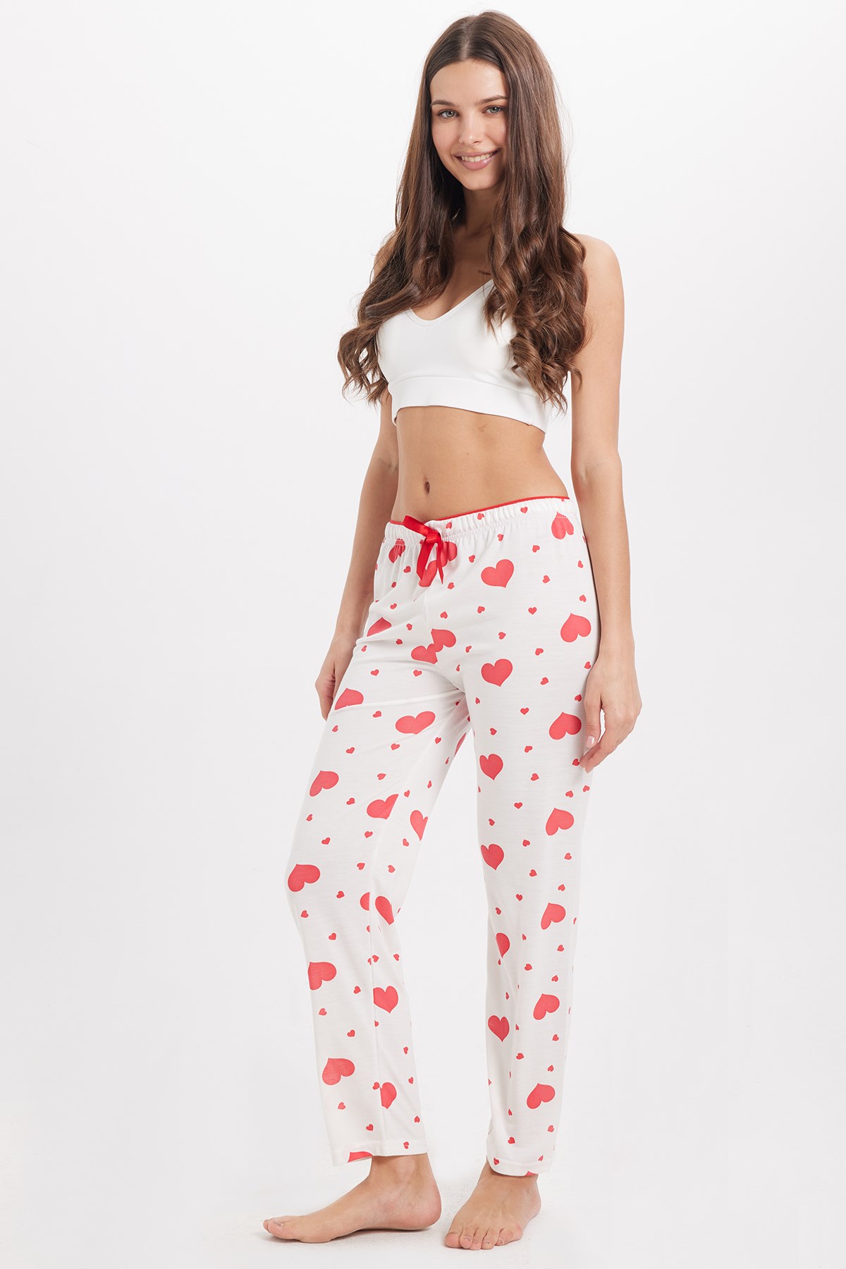 TUDORS Kadın Regular Fit Klasik Kesim Viskon Beli Lastikli Fiyonk Detaylı Baskılı Beyaz Pijama Altı görsel 8