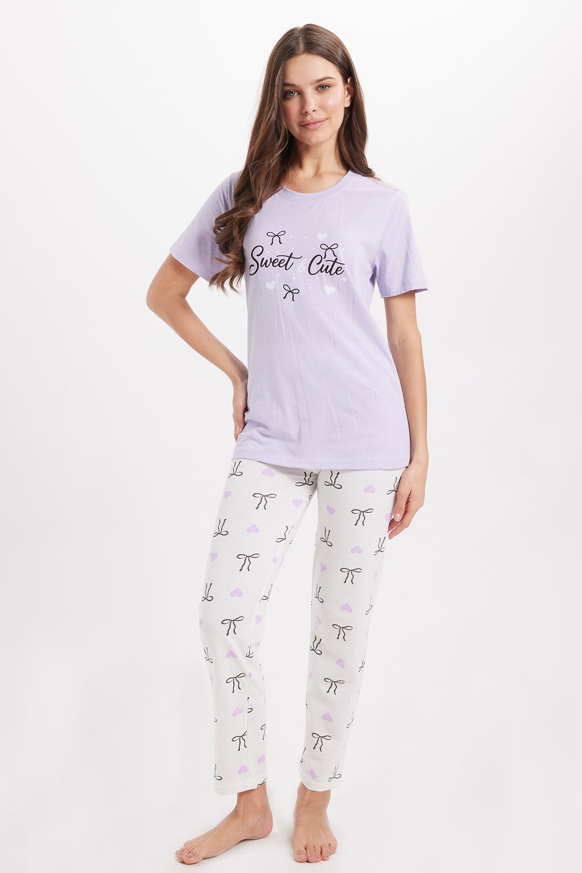 TUDORS Kadın Regular Fit Klasik Kesim %100 Pamuk Bisiklet Yaka Kısa Kollu Baskılı Lila Pijama Takımı