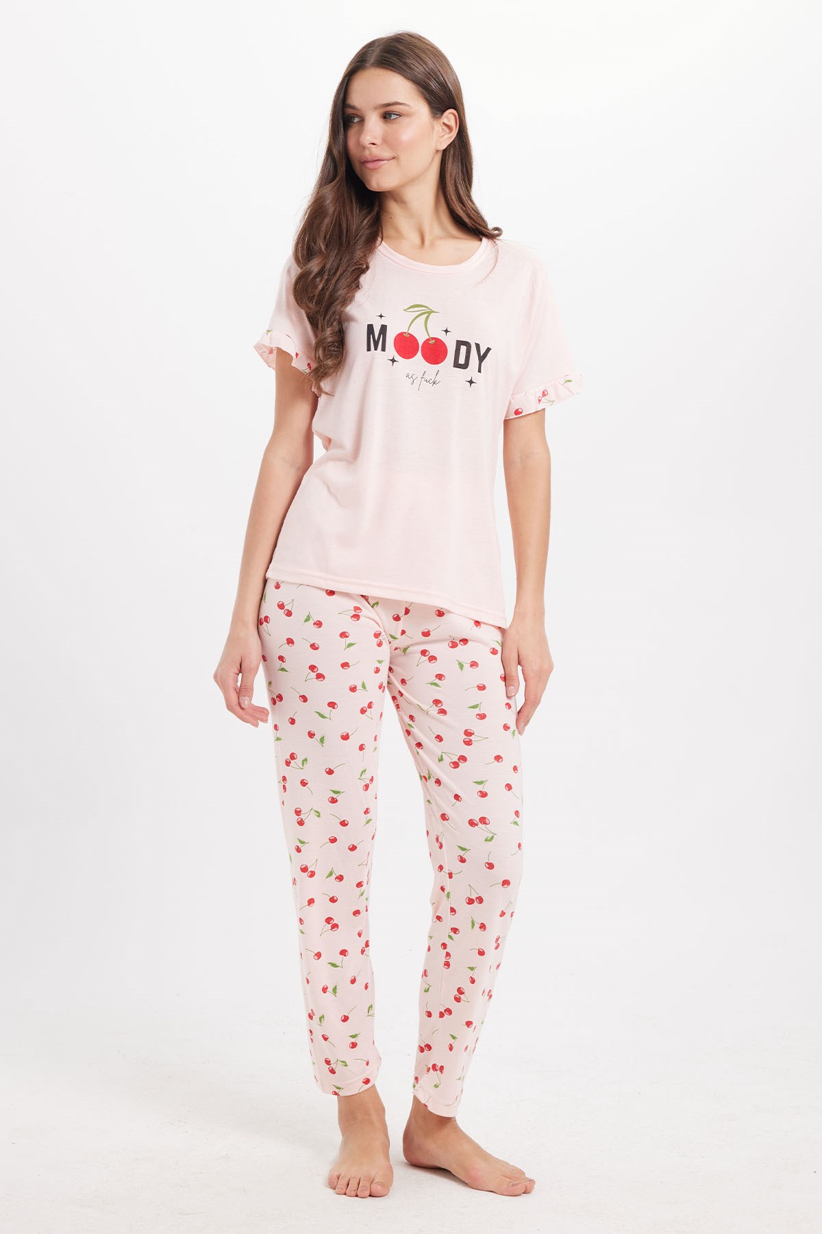 TUDORS Kadın Regular Fit Klasik Kesim %100 Pamuk Fırfır Detaylı Kısa Kollu Baskılı Pembe Pijama Takımı
