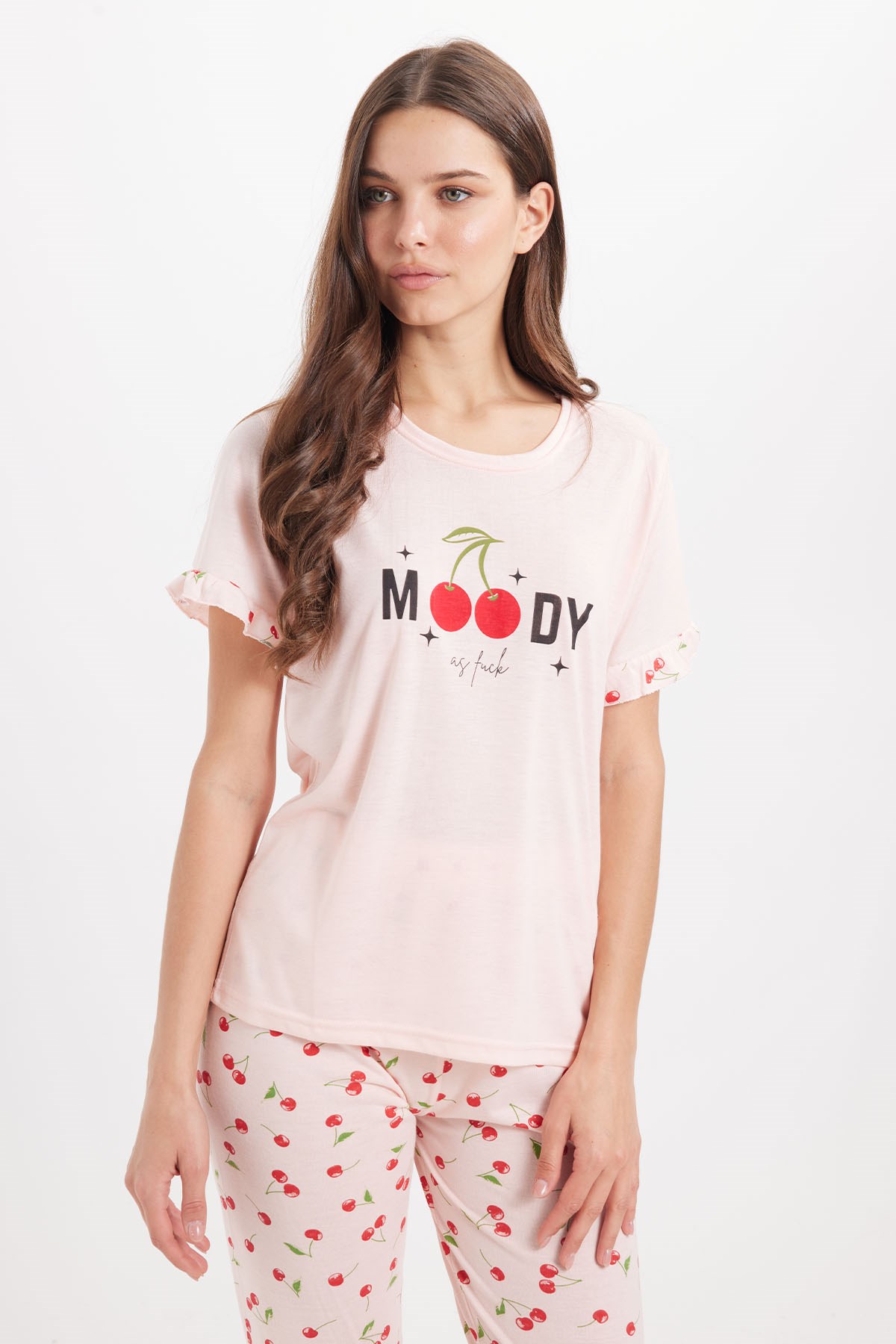 TUDORS Kadın Regular Fit Klasik Kesim %100 Pamuk Fırfır Detaylı Kısa Kollu Baskılı Pembe Pijama Takımı görsel 2