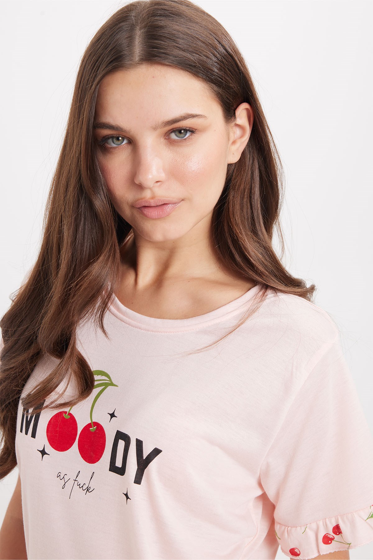 TUDORS Kadın Regular Fit Klasik Kesim %100 Pamuk Fırfır Detaylı Kısa Kollu Baskılı Pembe Pijama Takımı görsel 3