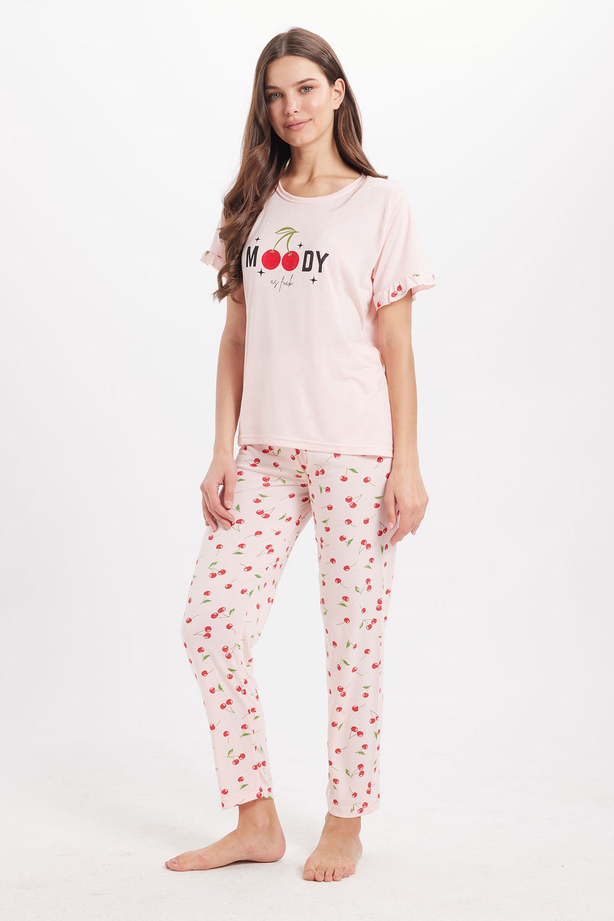 TUDORS Kadın Regular Fit Klasik Kesim %100 Pamuk Fırfır Detaylı Kısa Kollu Baskılı Pembe Pijama Takımı görsel 4