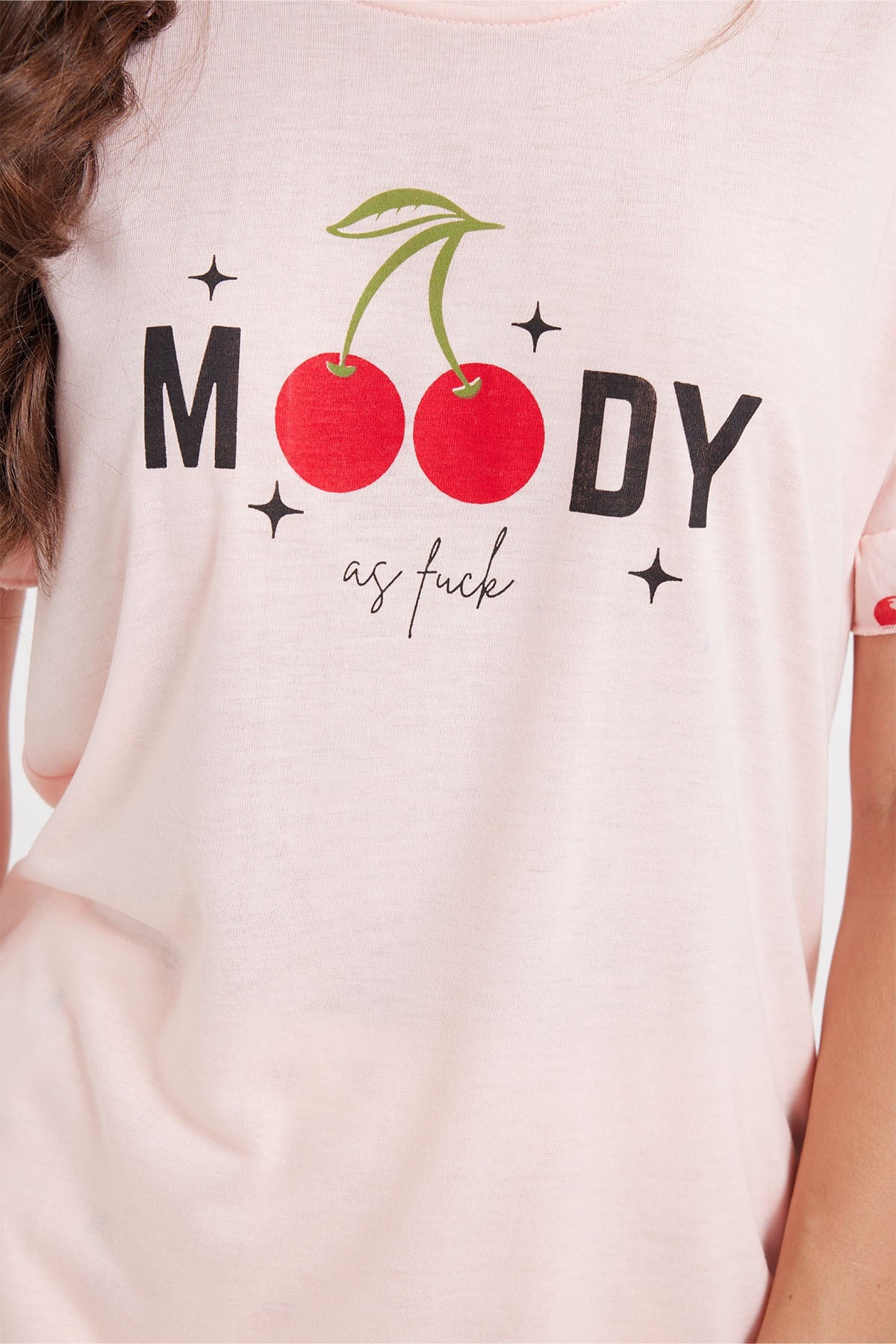 TUDORS Kadın Regular Fit Klasik Kesim %100 Pamuk Fırfır Detaylı Kısa Kollu Baskılı Pembe Pijama Takımı görsel 5