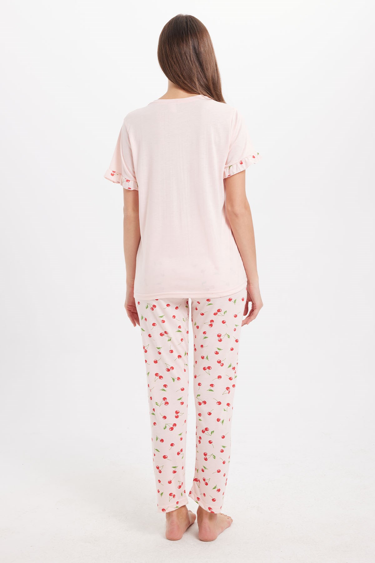 TUDORS Kadın Regular Fit Klasik Kesim %100 Pamuk Fırfır Detaylı Kısa Kollu Baskılı Pembe Pijama Takımı görsel 7