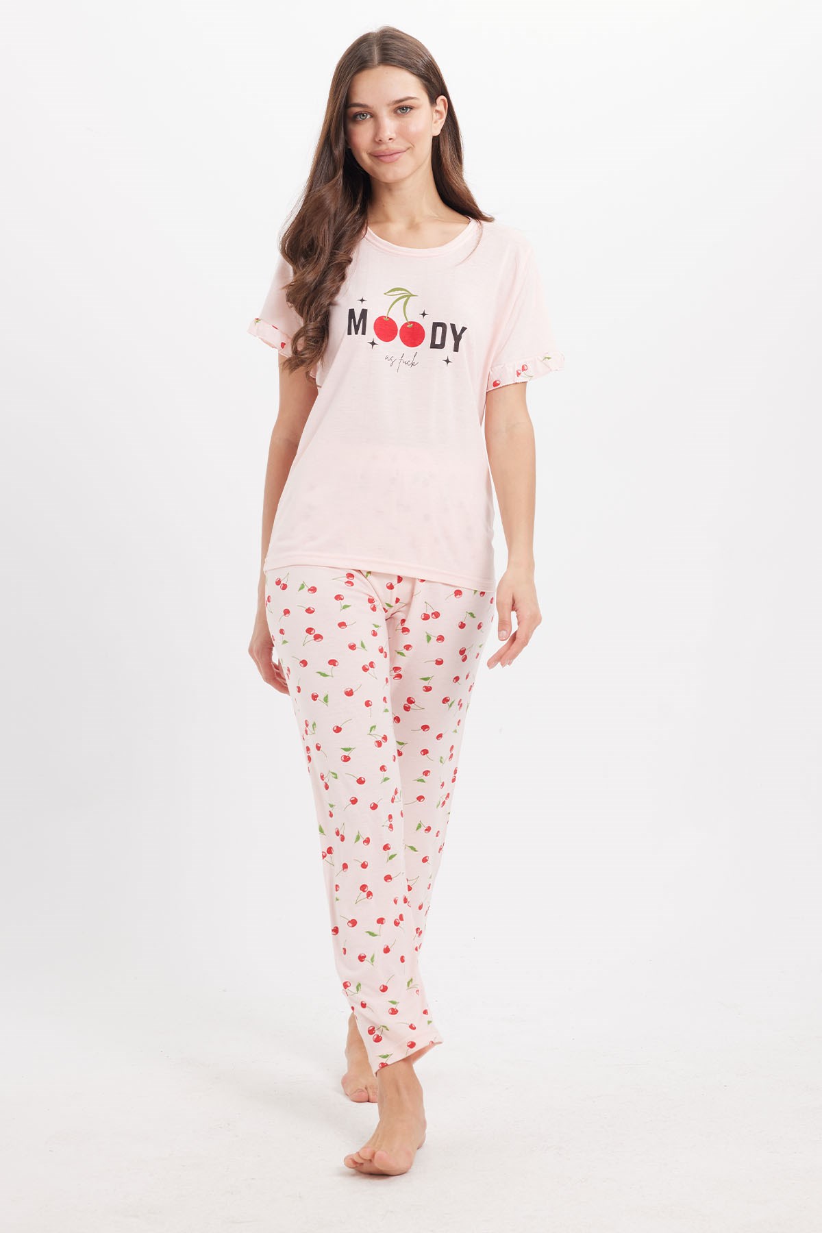 TUDORS Kadın Regular Fit Klasik Kesim %100 Pamuk Fırfır Detaylı Kısa Kollu Baskılı Pembe Pijama Takımı görsel 8