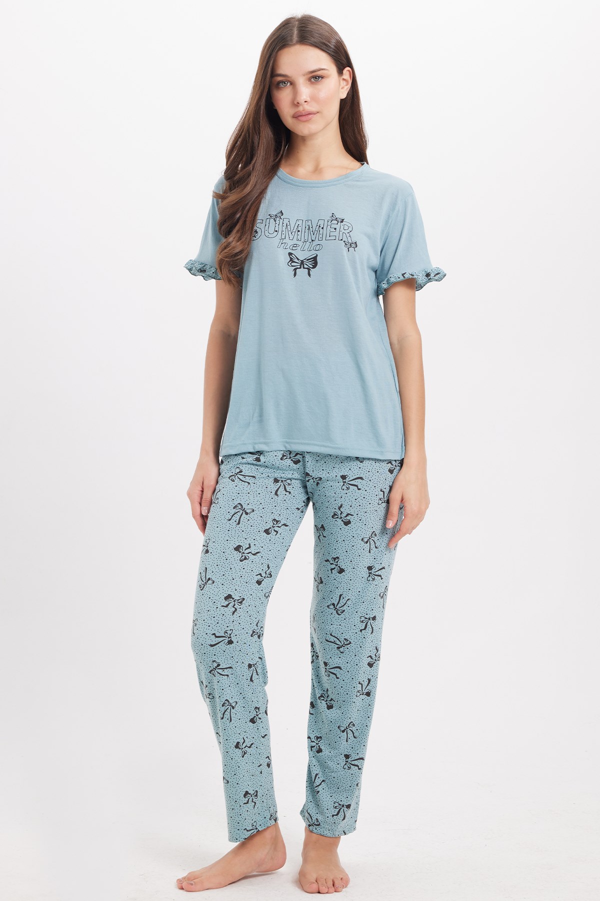 TUDORS Kadın Regular Fit Klasik Kesim %100 Pamuk Fırfır Detaylı Kısa Kollu Baskılı Su Yeşili Pijama Takımı