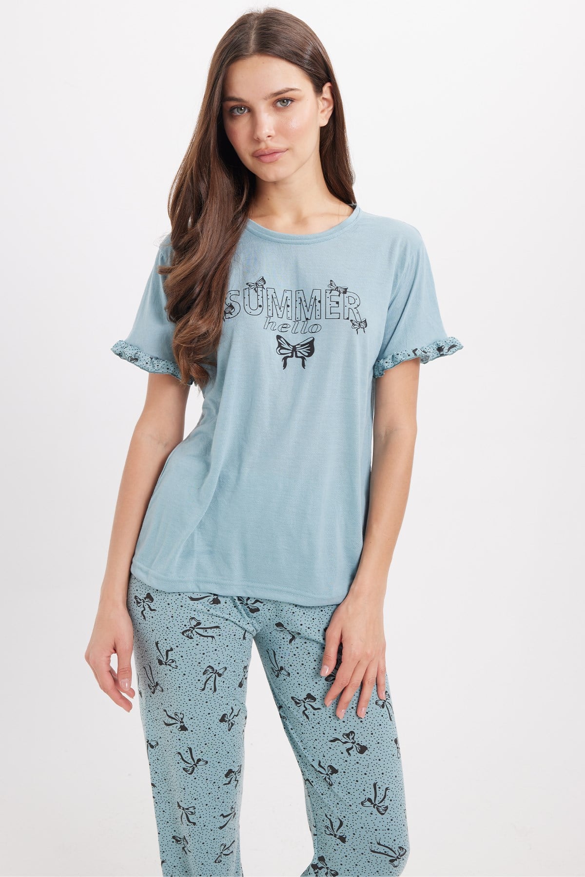 TUDORS Kadın Regular Fit Klasik Kesim %100 Pamuk Fırfır Detaylı Kısa Kollu Baskılı Su Yeşili Pijama Takımı görsel 2