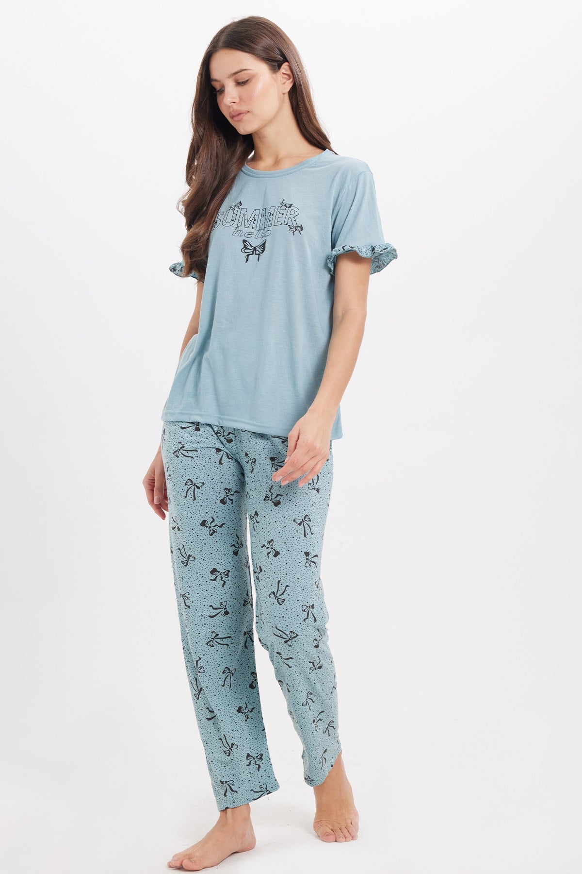 TUDORS Kadın Regular Fit Klasik Kesim %100 Pamuk Fırfır Detaylı Kısa Kollu Baskılı Su Yeşili Pijama Takımı görsel 3