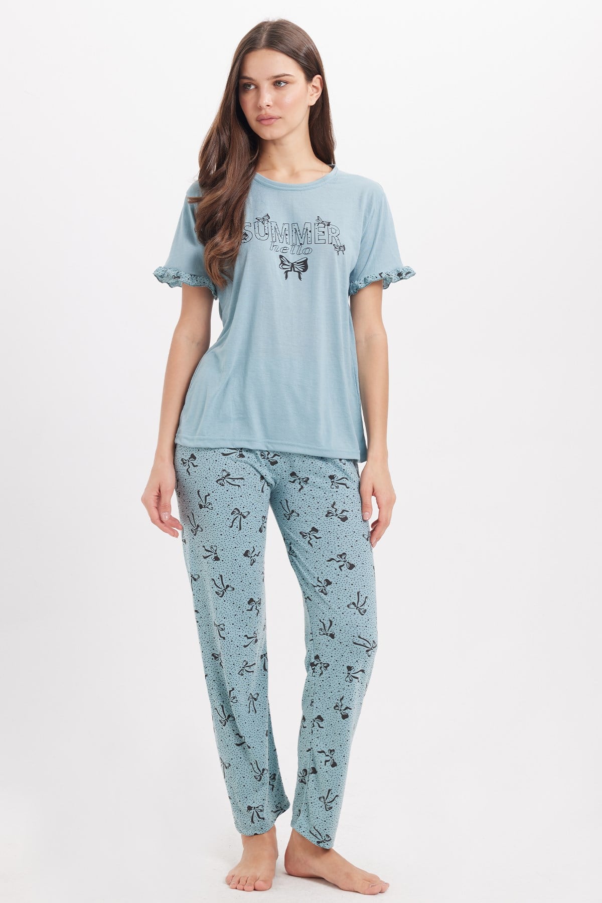 TUDORS Kadın Regular Fit Klasik Kesim %100 Pamuk Fırfır Detaylı Kısa Kollu Baskılı Su Yeşili Pijama Takımı görsel 7