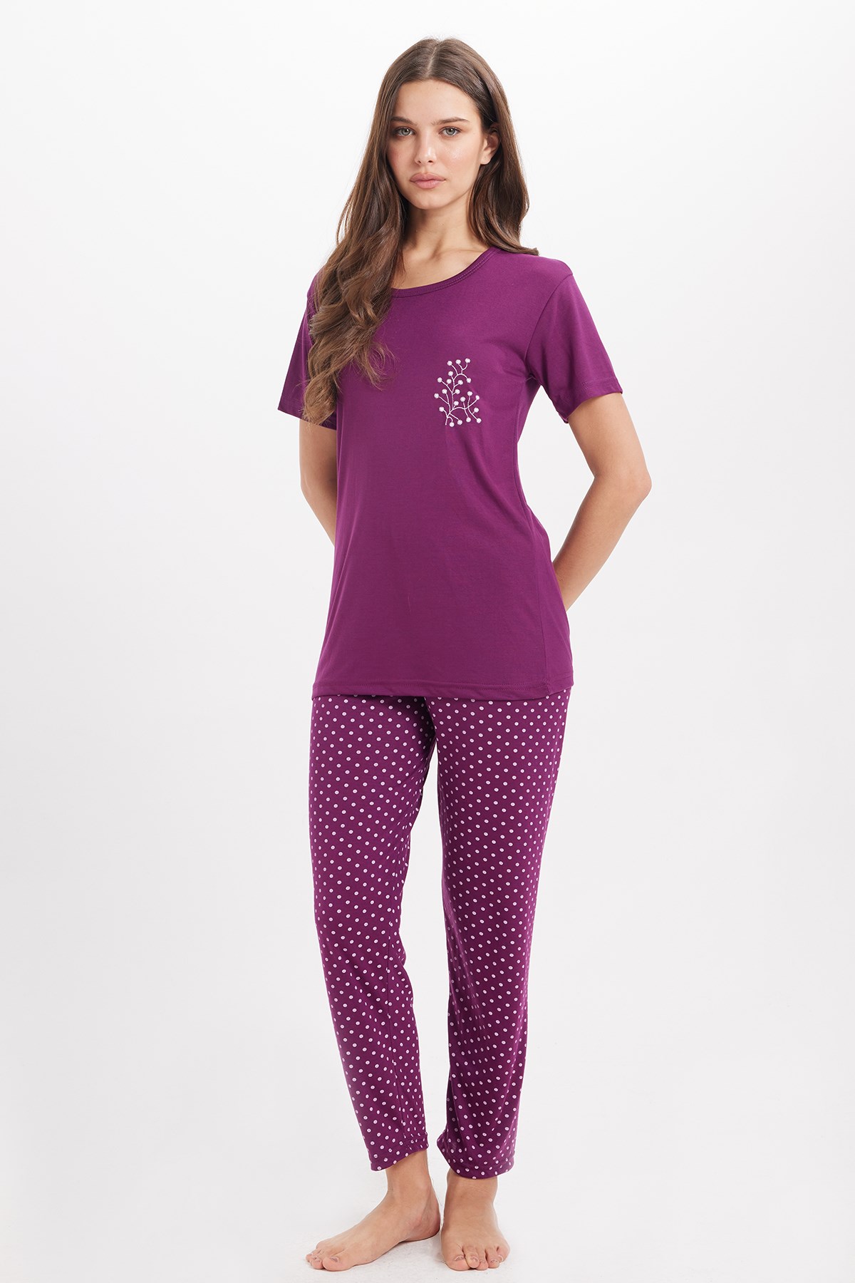 TUDORS Kadın Standart Fit Normal Kesim Bisiklet Yaka Kısa Kollu Baskılı Mor Pijama Takımı
