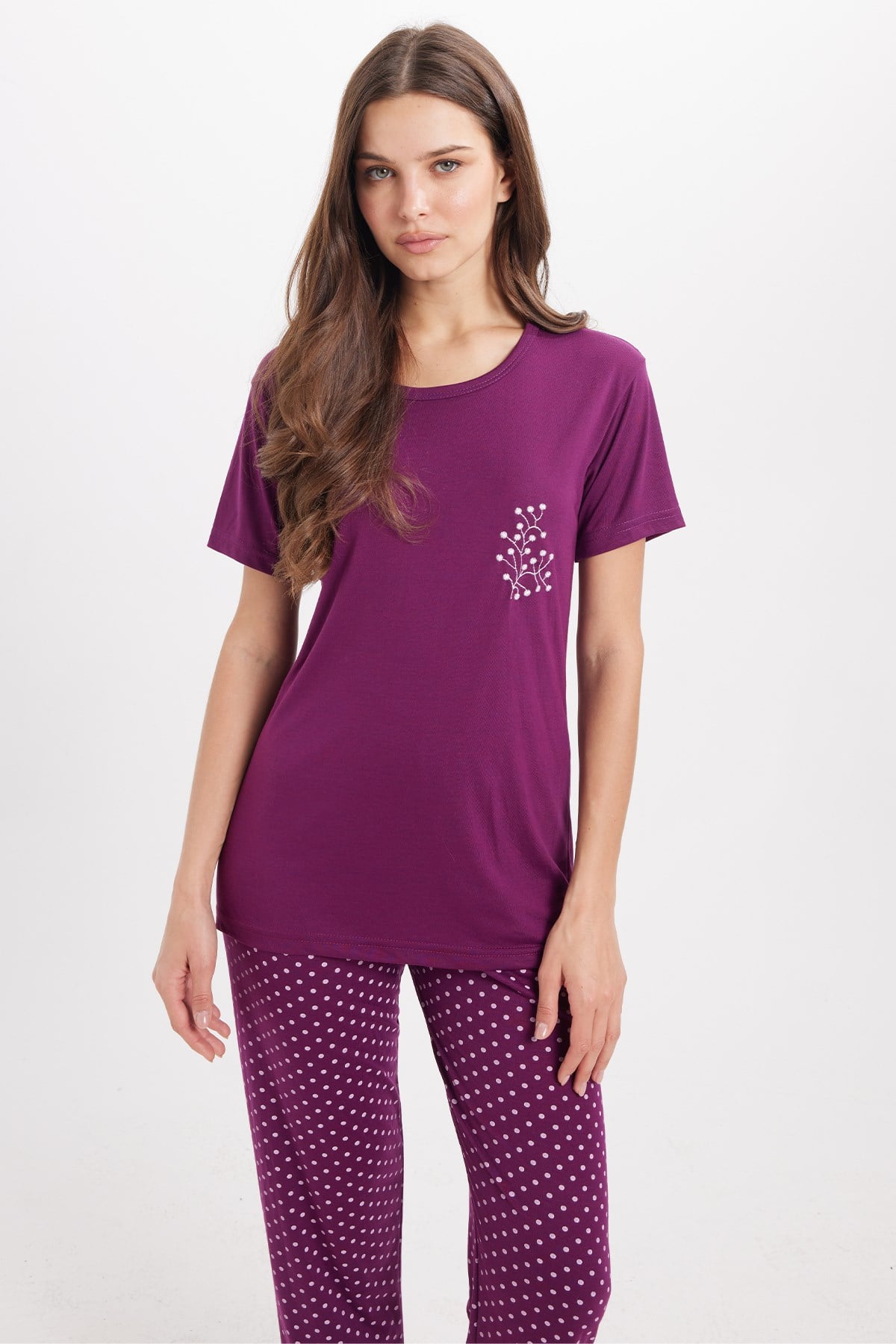 TUDORS Kadın Standart Fit Normal Kesim Bisiklet Yaka Kısa Kollu Baskılı Mor Pijama Takımı görsel 2