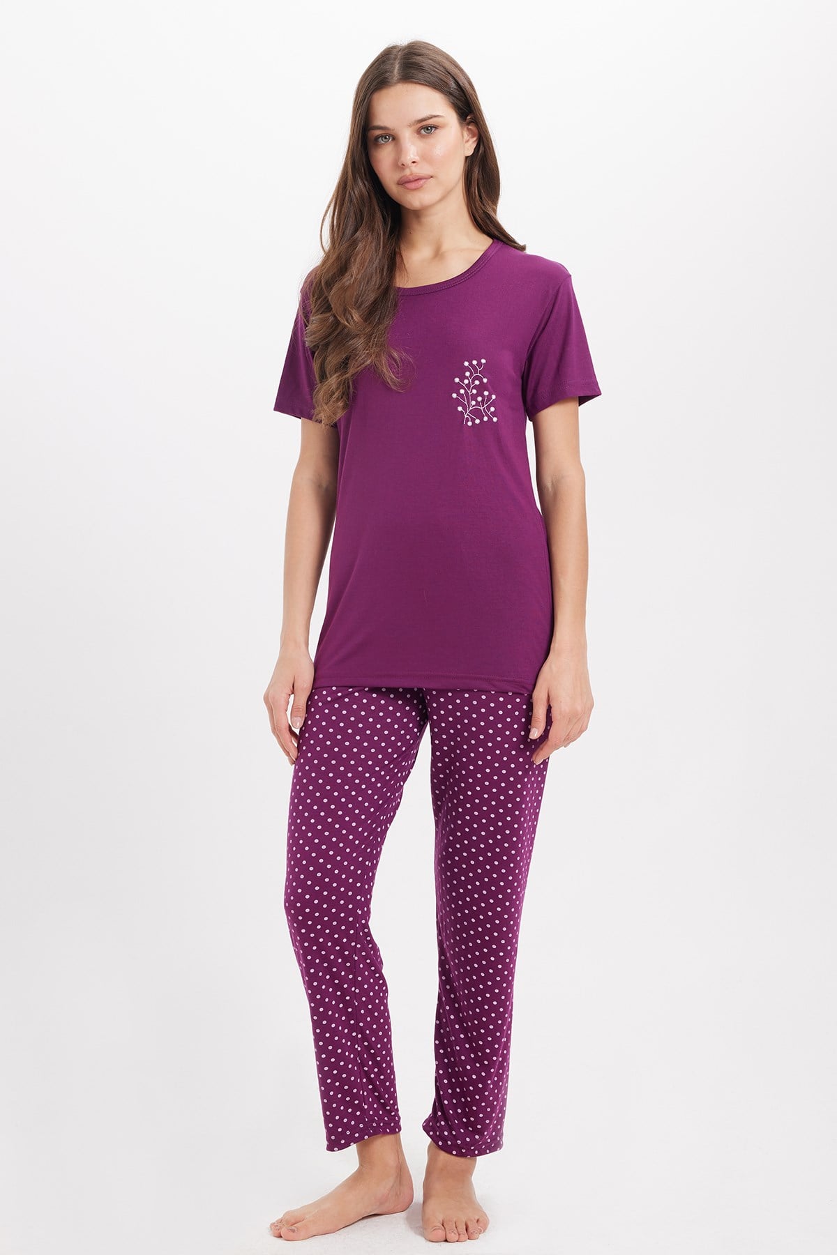 TUDORS Kadın Standart Fit Normal Kesim Bisiklet Yaka Kısa Kollu Baskılı Mor Pijama Takımı görsel 3