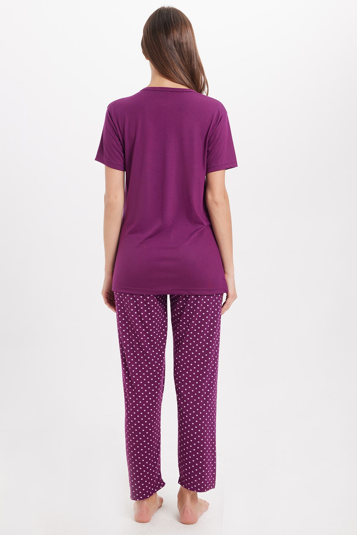 TUDORS Kadın Standart Fit Normal Kesim Bisiklet Yaka Kısa Kollu Baskılı Mor Pijama Takımı görsel 6