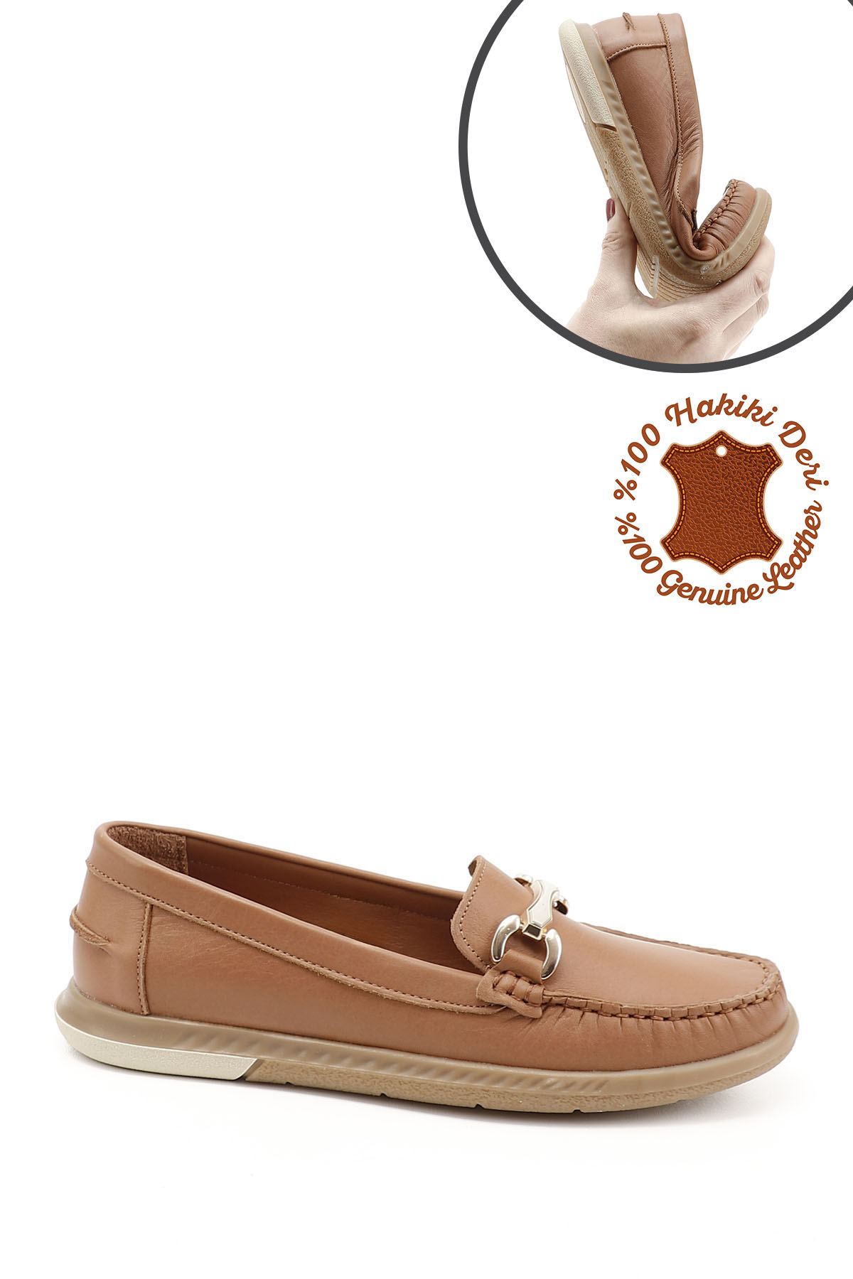 GÖNDERİ(R) Kadın TABA Tokalı Rok Hakiki Deri Comfort Loafer