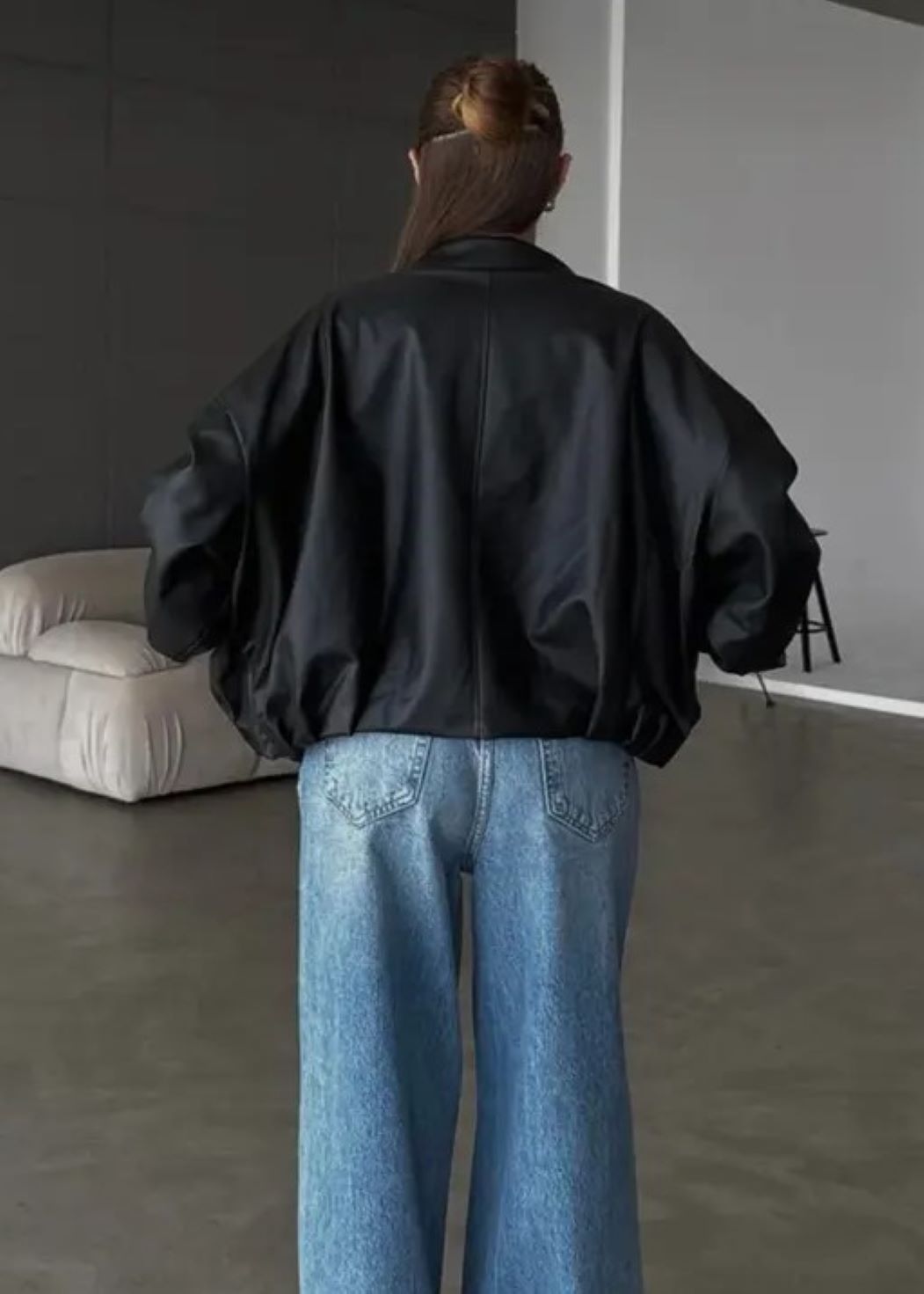 ginger love Kadın Siyah Oversize Suni Deri Bomber Ceket, Fermuarlı Mont Siyah görsel 3