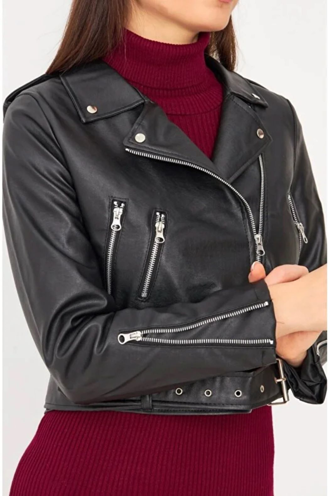 ginger love Kadın Siyah Kemerli Fermuar Detaylı Suni Deri Biker Ceket