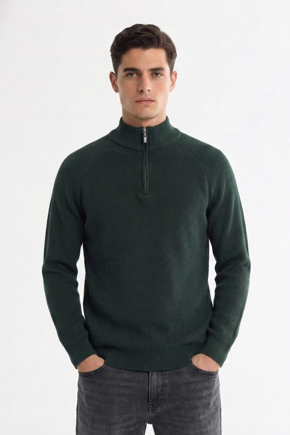 Sabri Özel Haki Slim Fit Fermuarlı Yarım Balıkçı Yaka Triko Kazak