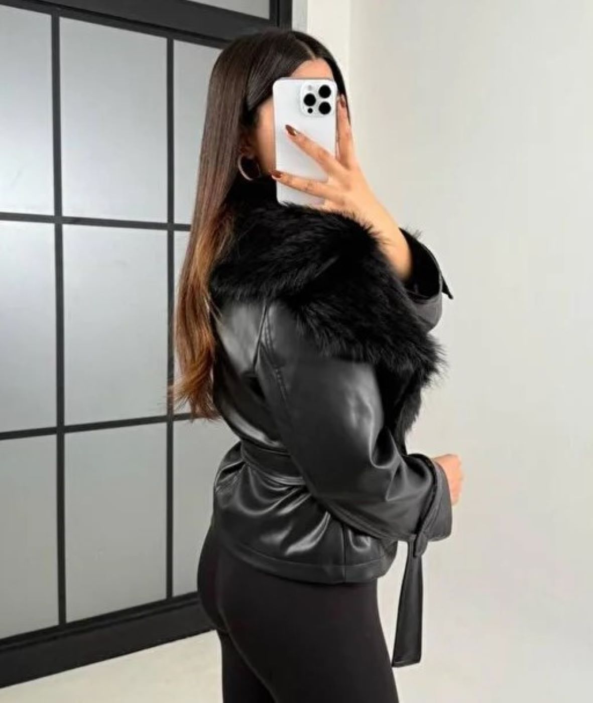 ginger love Yeni Sezon Kadın Deri Mont Kürk Yaka Mont Deri Kürk Yaka Deri Ceket Mont Kadın Siyah görsel 3