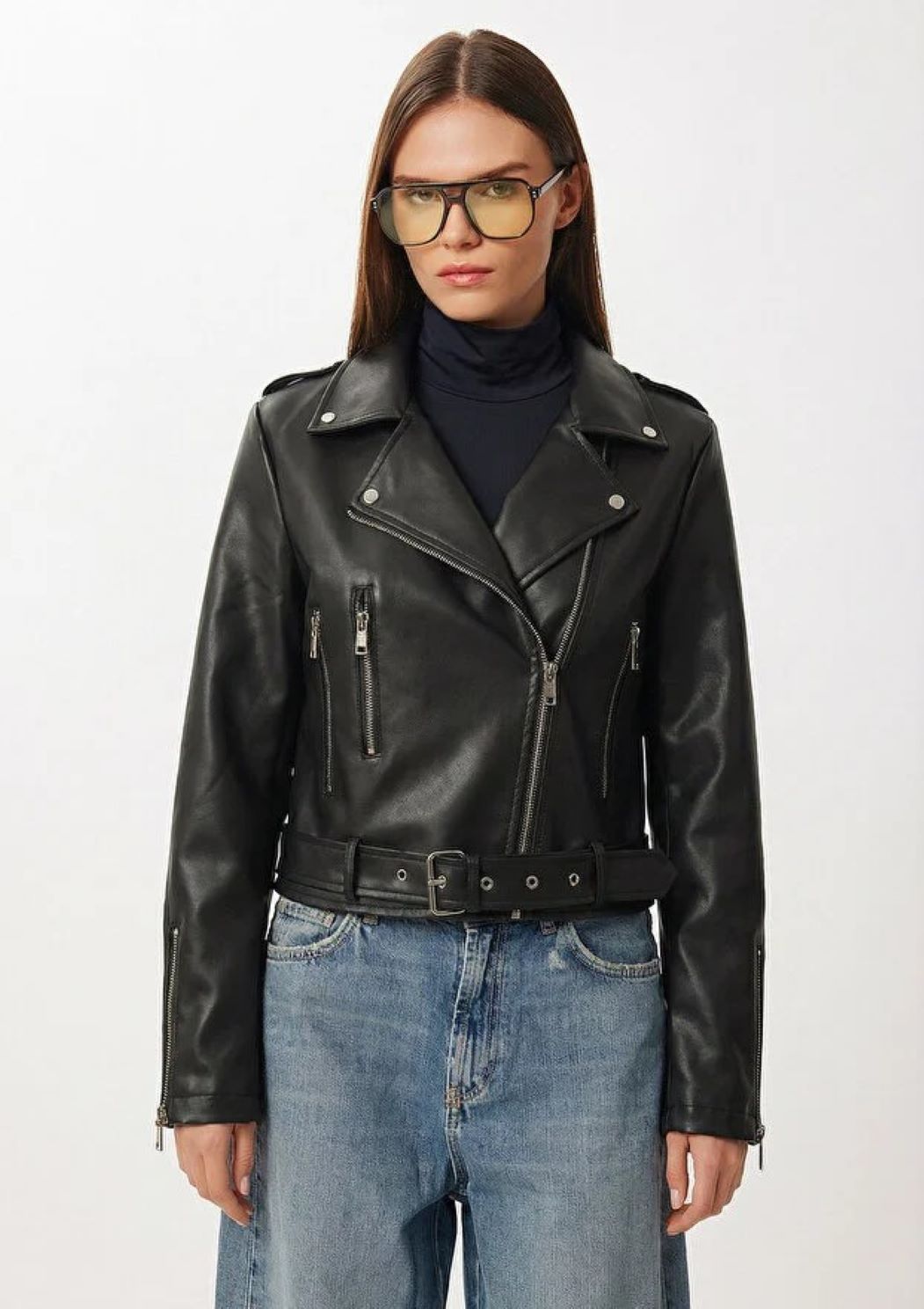 ginger love Kemerli Suni Deri Biker Ceket Siyah