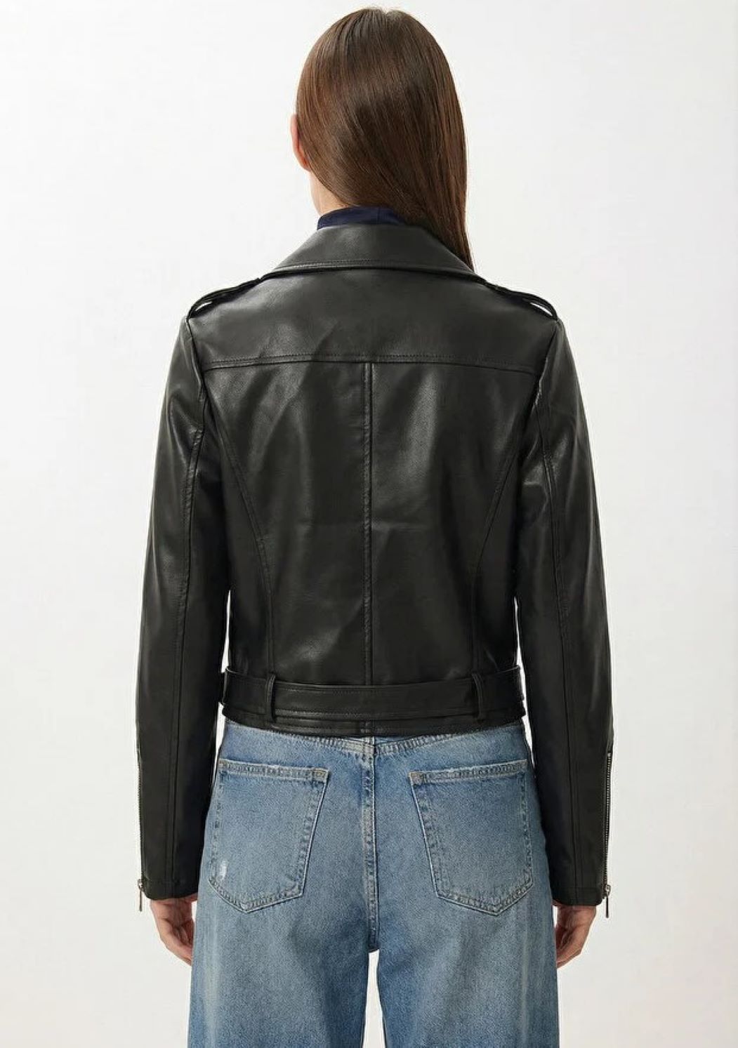 ginger love Kemerli Suni Deri Biker Ceket Siyah görsel 2