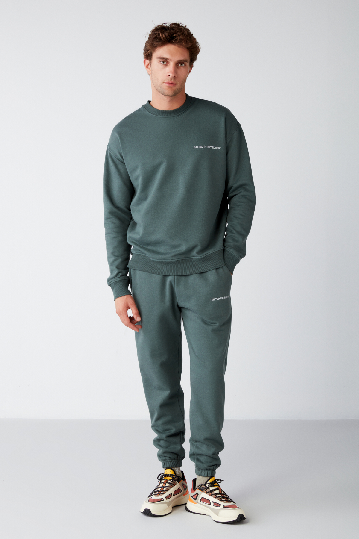 GRIMELANGE Erkek Organik Kumaşlı İçi Polarlı Yazı Nakışlı Jogger KOYU YEŞİL Eşofman Altı