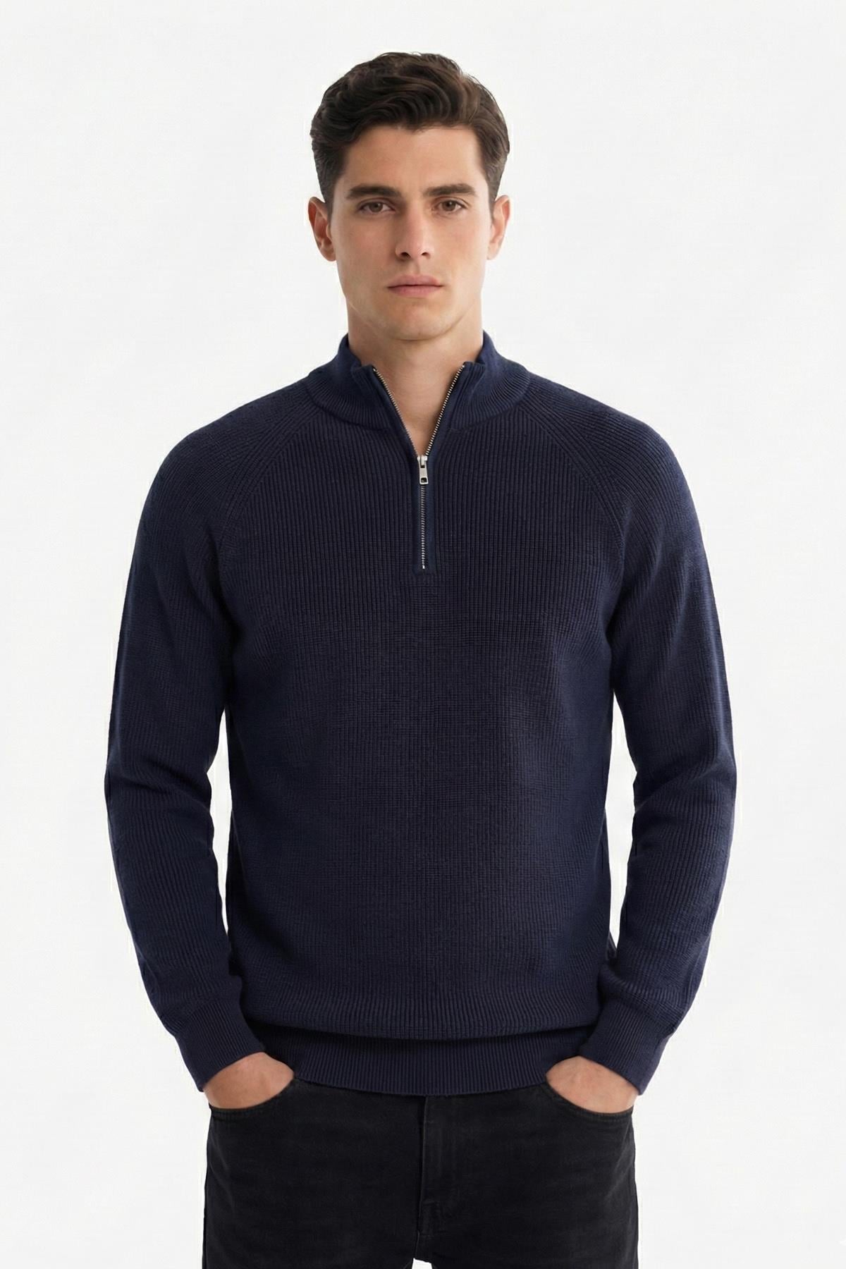 Sabri Özel Lacivert Slim Fit Fermuarlı Yarım Balıkçı Yaka Triko Kazak