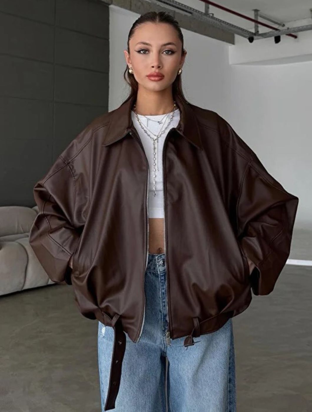 ginger love Kadın Siyah Oversize Suni Deri Bomber Ceket, Fermuarlı Mont