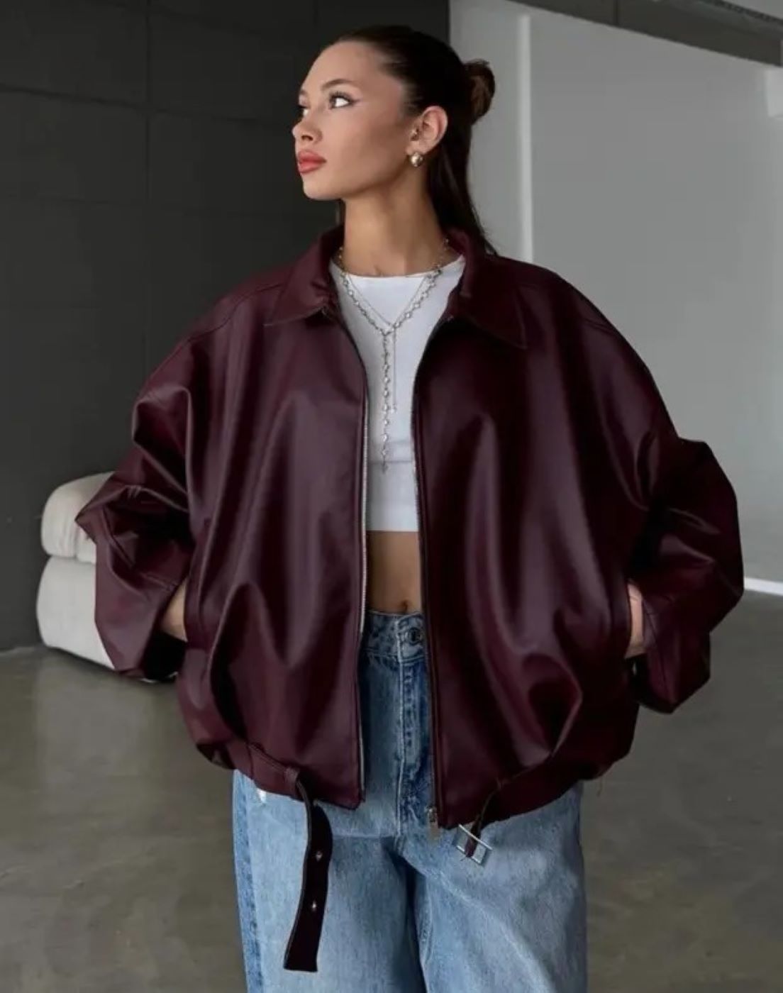 ginger love Kadın Siyah Oversize Suni Deri Bomber Ceket, Fermuarlı Mont görsel 2