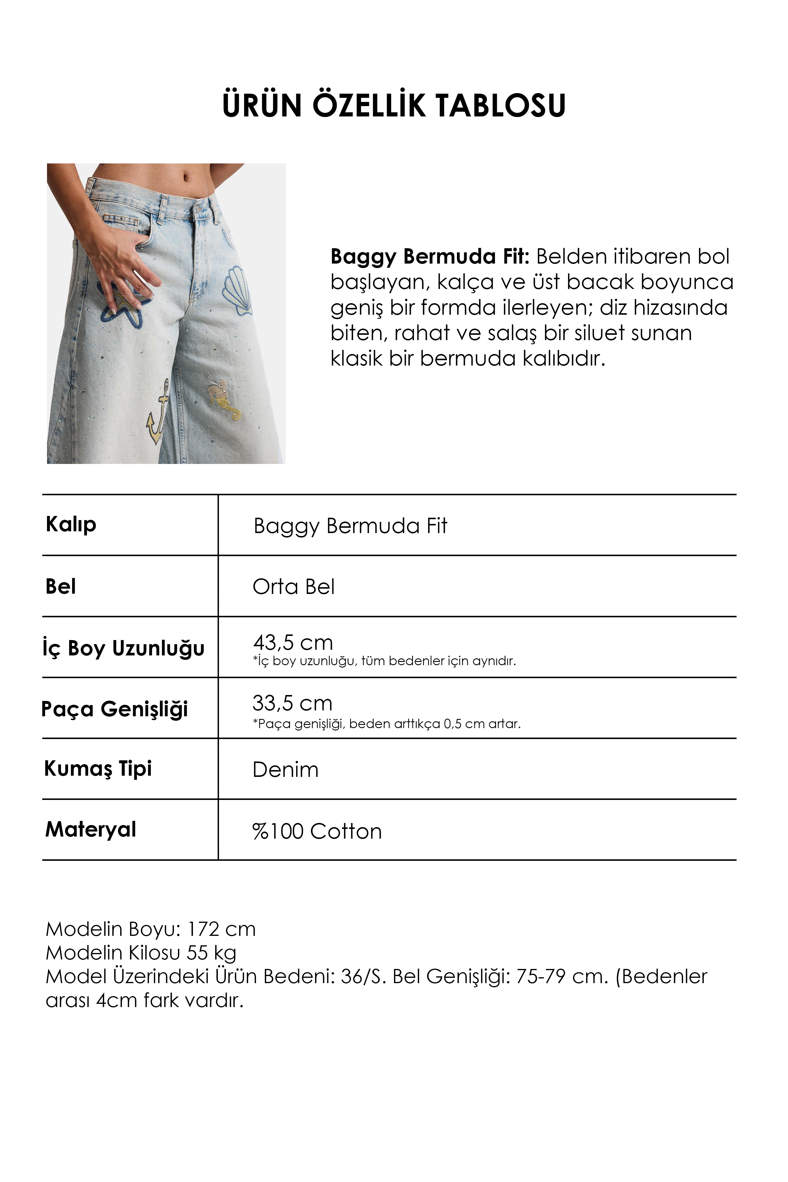 It's Basic Kadın Jean Rengi T-4s6-99 Baggy Bermuda Nakış Parlak Taş Özel Tasarım Şort görsel 5