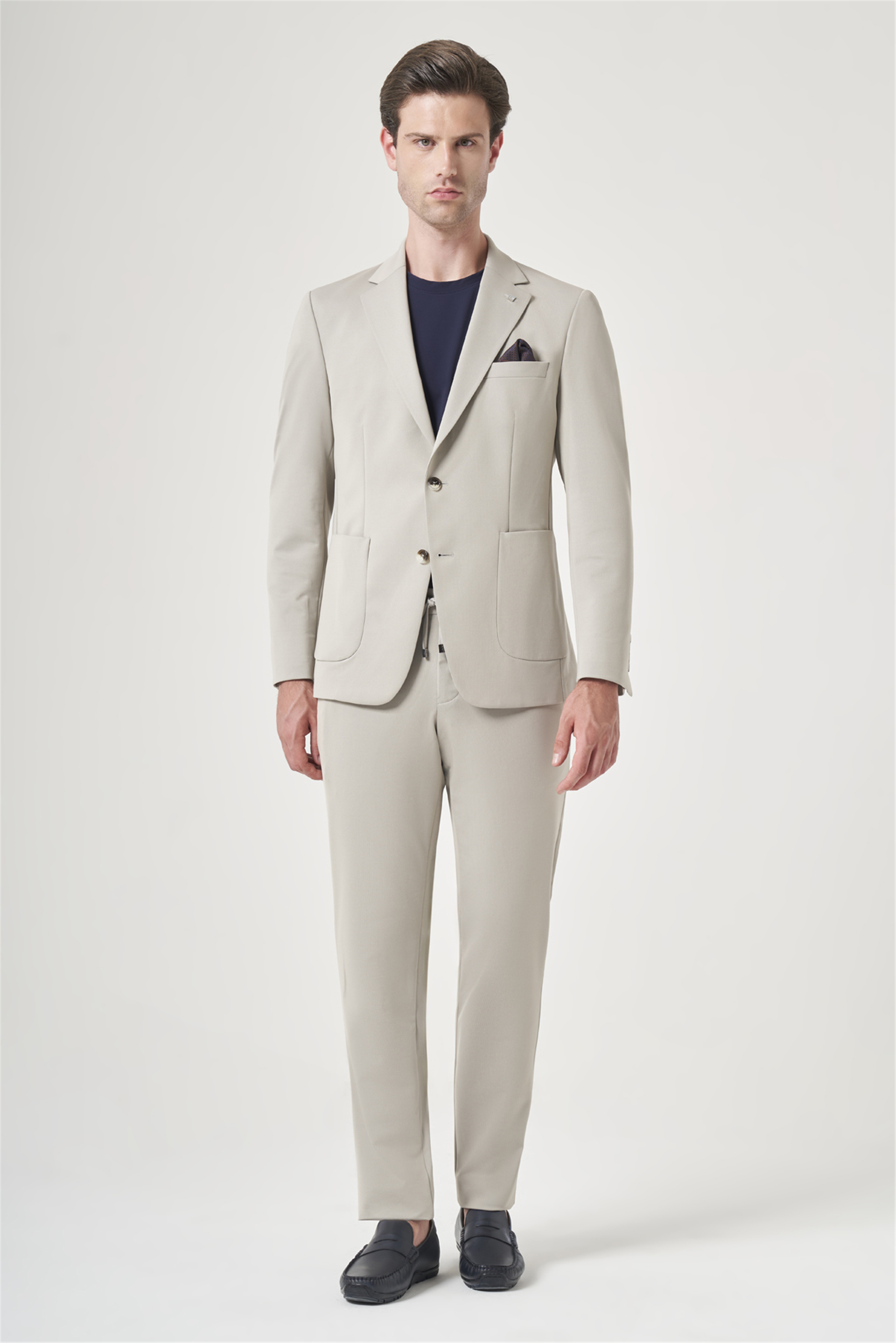 İMZA Bej Mono Yaka 6 Drop Slim Fit Esnek Beli Lastikli Takım Elbise 1001260165