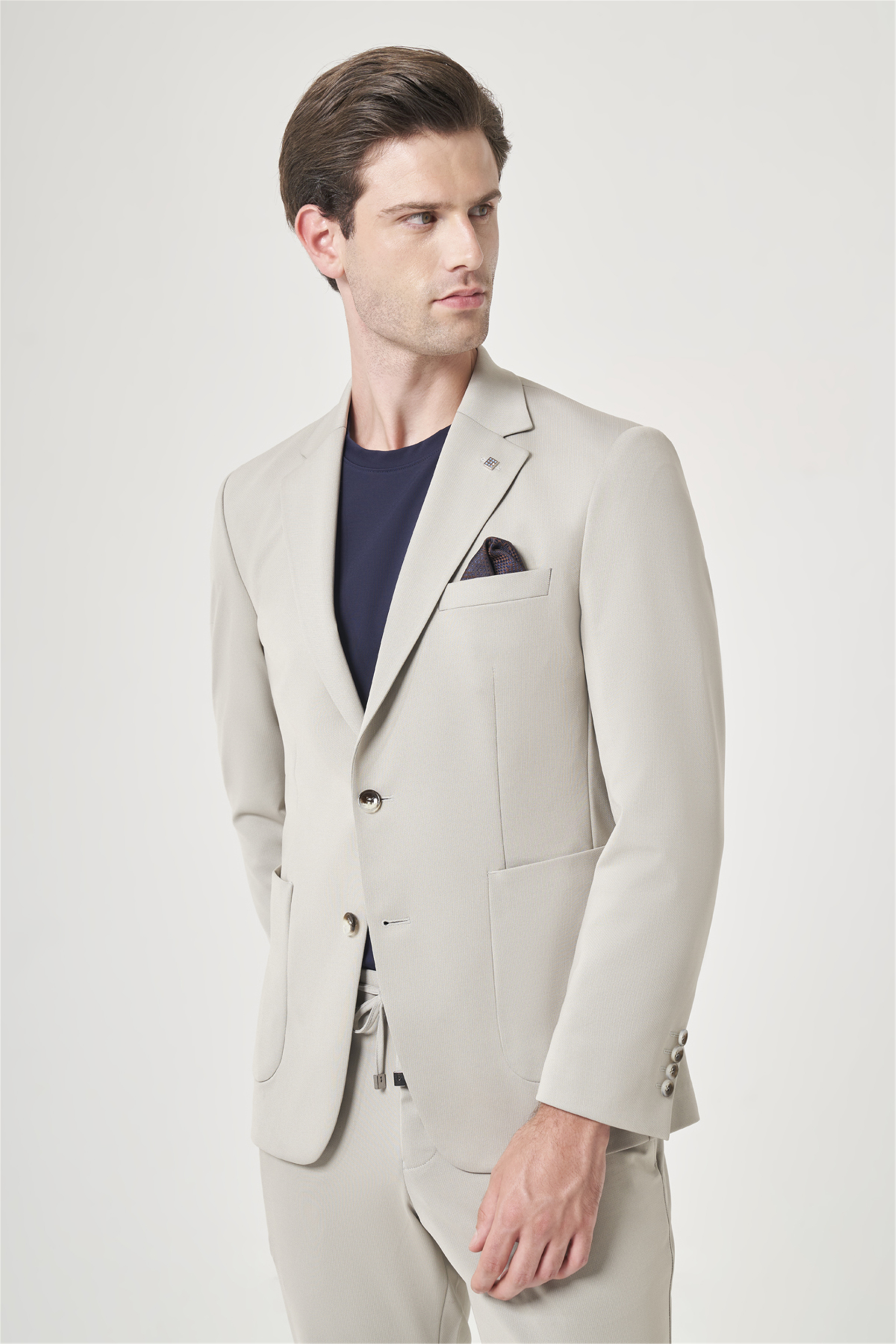 İMZA Bej Mono Yaka 6 Drop Slim Fit Esnek Beli Lastikli Takım Elbise 1001260165 görsel 2