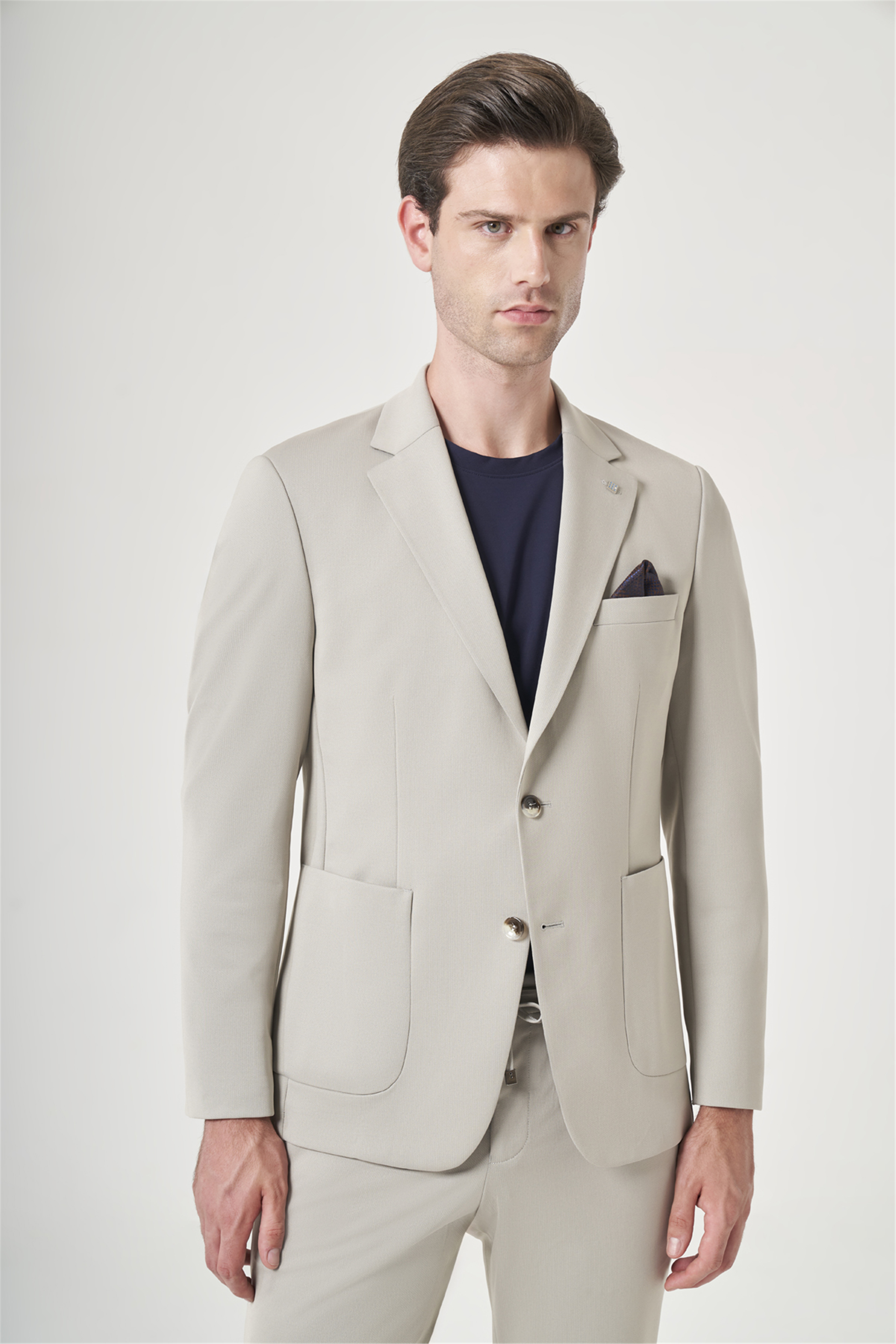 İMZA Bej Mono Yaka 6 Drop Slim Fit Esnek Beli Lastikli Takım Elbise 1001260165 görsel 3