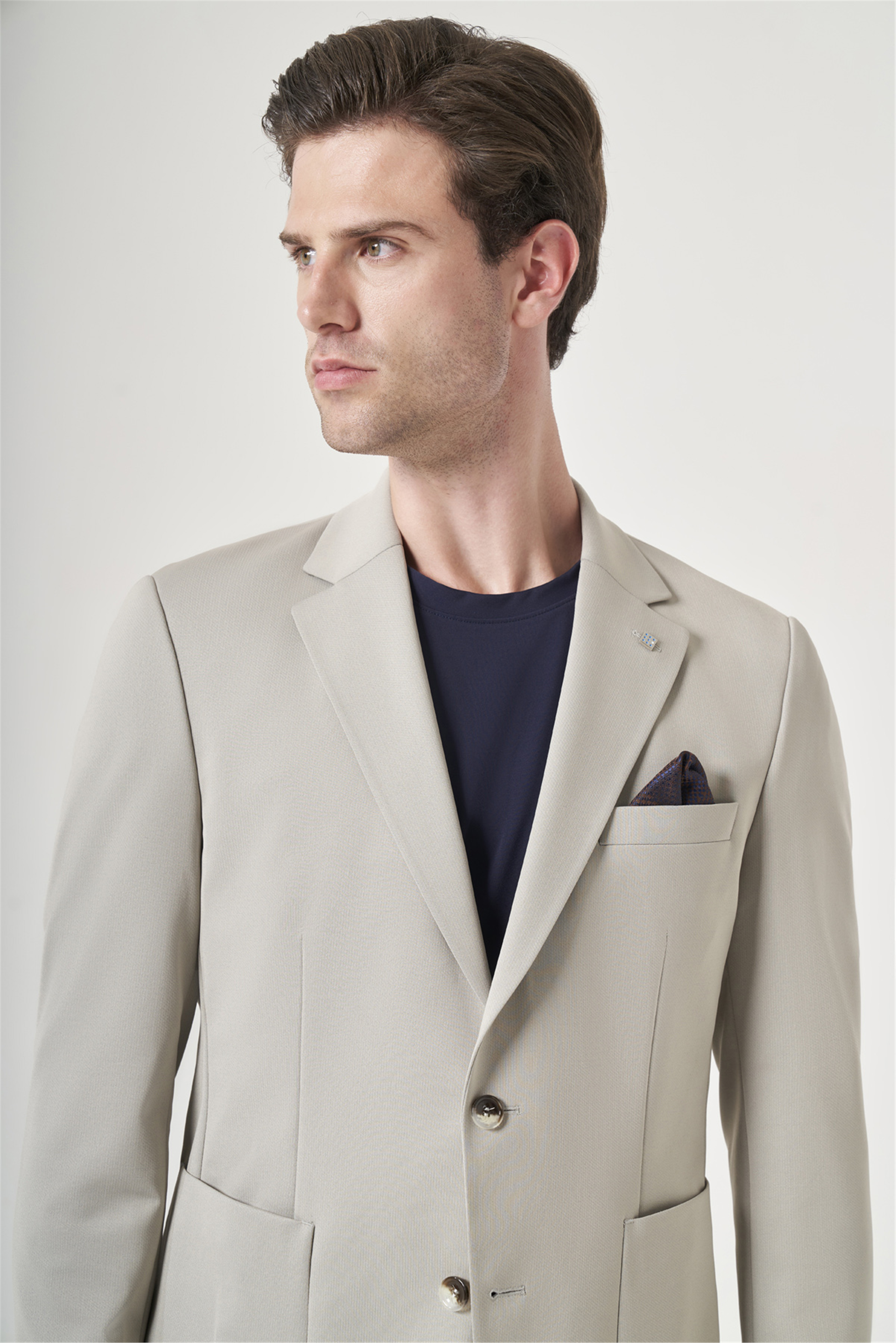İMZA Bej Mono Yaka 6 Drop Slim Fit Esnek Beli Lastikli Takım Elbise 1001260165 görsel 4