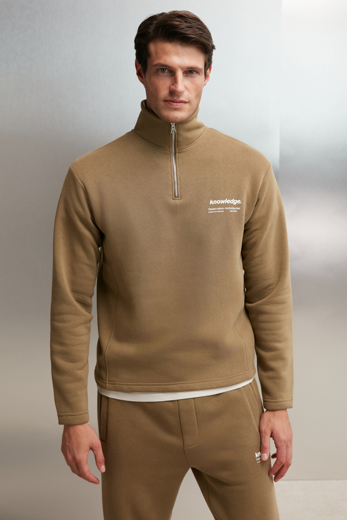 GRIMELANGE Erkek İçi Polarlı Dik Yaka Yarım Fermuarlı Baskı Detaylı Regular HAKİ Sweatshirt