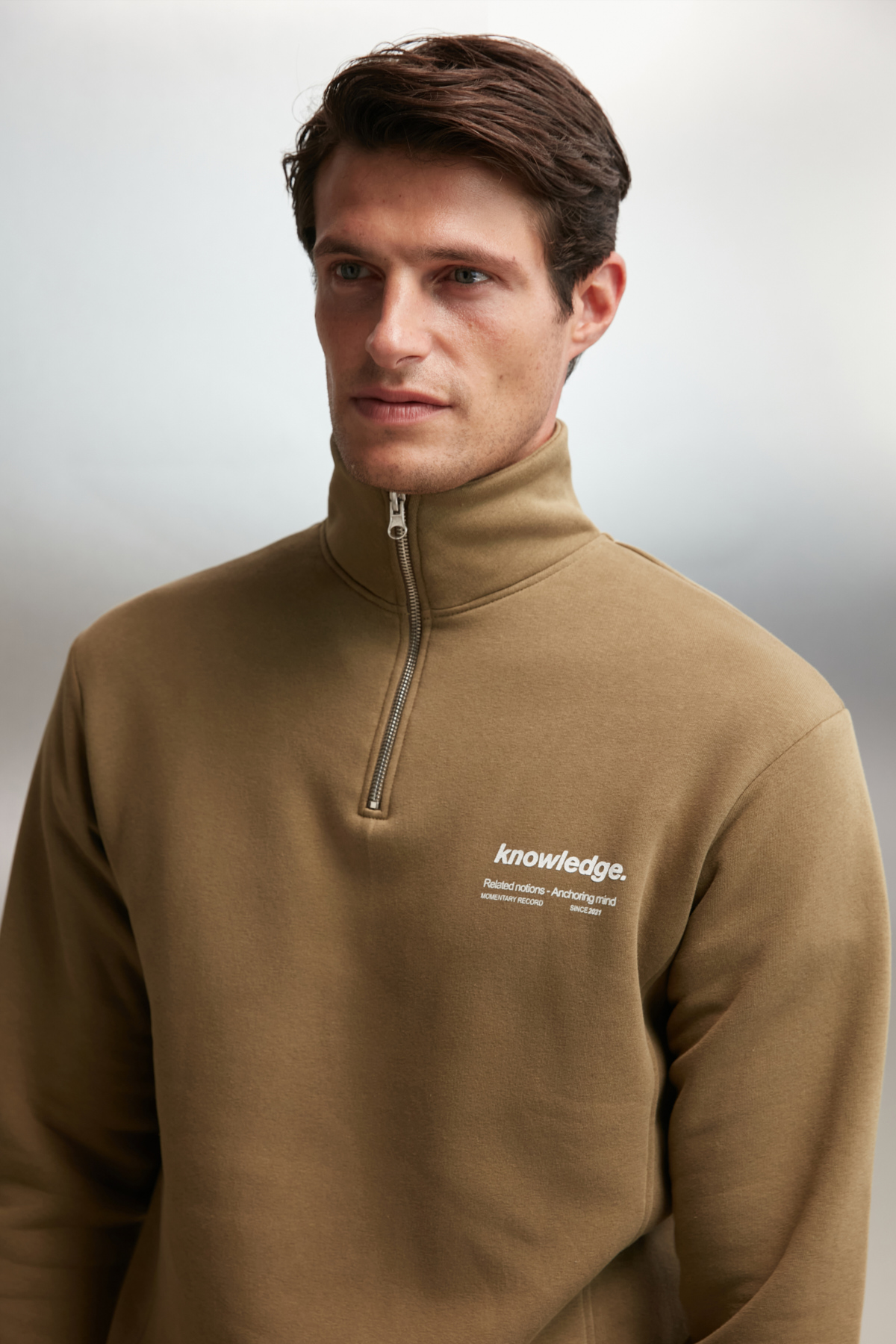 GRIMELANGE Erkek İçi Polarlı Dik Yaka Yarım Fermuarlı Baskı Detaylı Regular HAKİ Sweatshirt görsel 3