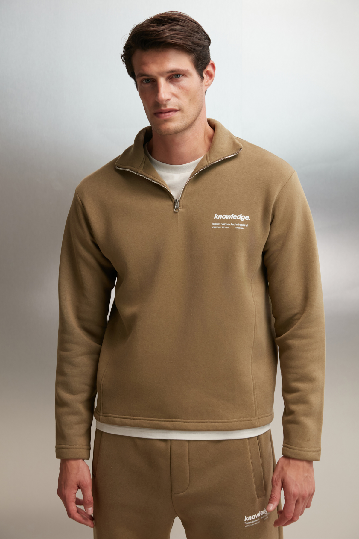 GRIMELANGE Erkek İçi Polarlı Dik Yaka Yarım Fermuarlı Baskı Detaylı Regular HAKİ Sweatshirt görsel 4