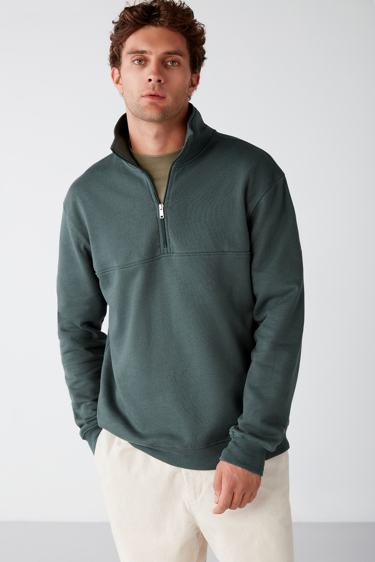 GRIMELANGE Erkek Yarım Fermuarlı Dik Yakalı Yumuşacık Kumaşlı Polarlı Regular YEŞİL Sweatshirt
