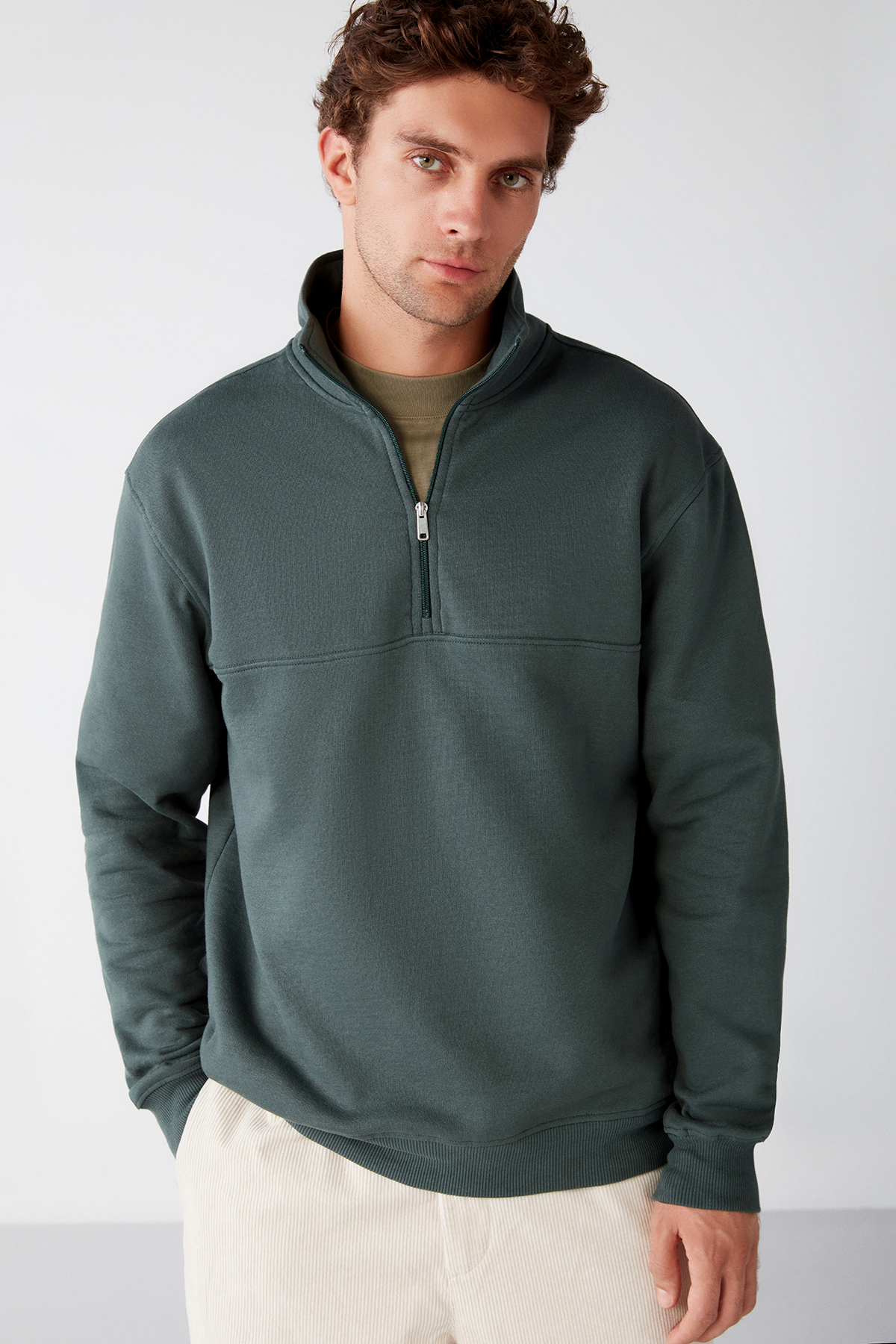 GRIMELANGE Erkek Yarım Fermuarlı Dik Yakalı Yumuşacık Kumaşlı Polarlı Regular YEŞİL Sweatshirt görsel 2
