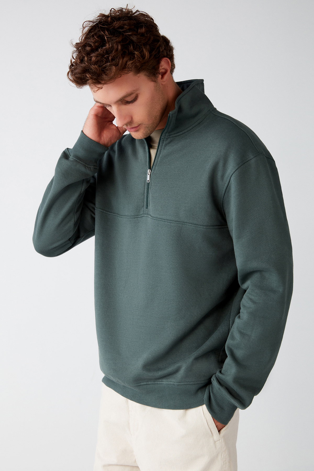 GRIMELANGE Erkek Yarım Fermuarlı Dik Yakalı Yumuşacık Kumaşlı Polarlı Regular YEŞİL Sweatshirt görsel 3