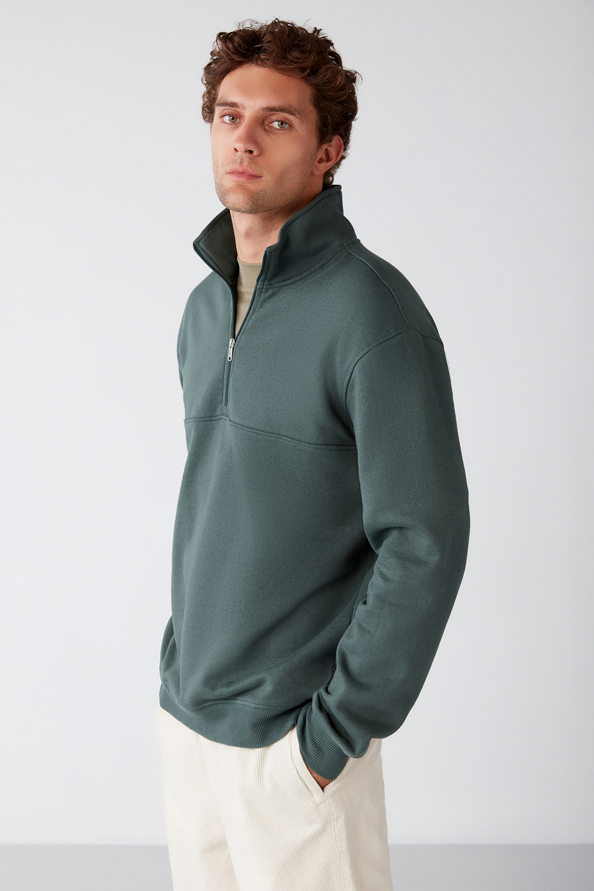 GRIMELANGE Erkek Yarım Fermuarlı Dik Yakalı Yumuşacık Kumaşlı Polarlı Regular YEŞİL Sweatshirt görsel 4