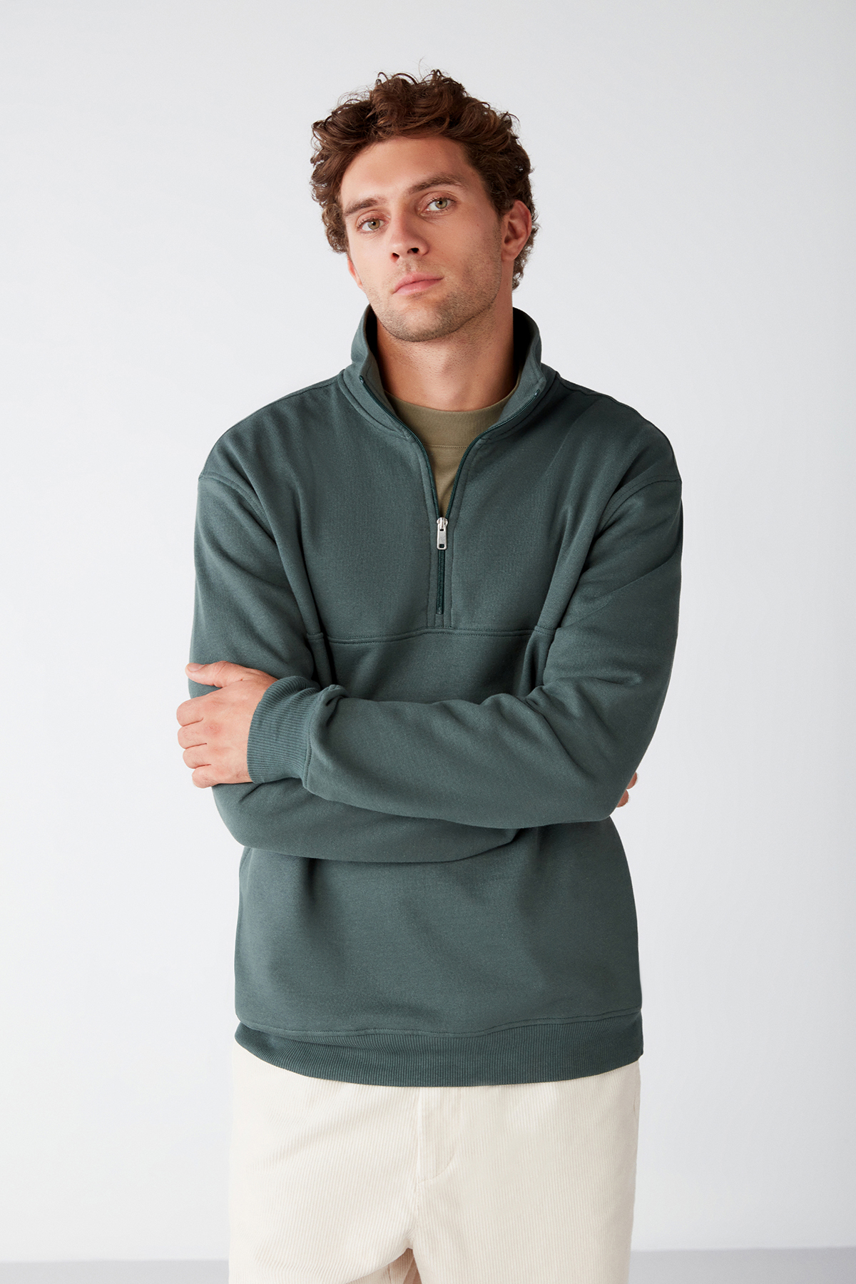 GRIMELANGE Erkek Yarım Fermuarlı Dik Yakalı Yumuşacık Kumaşlı Polarlı Regular YEŞİL Sweatshirt görsel 5