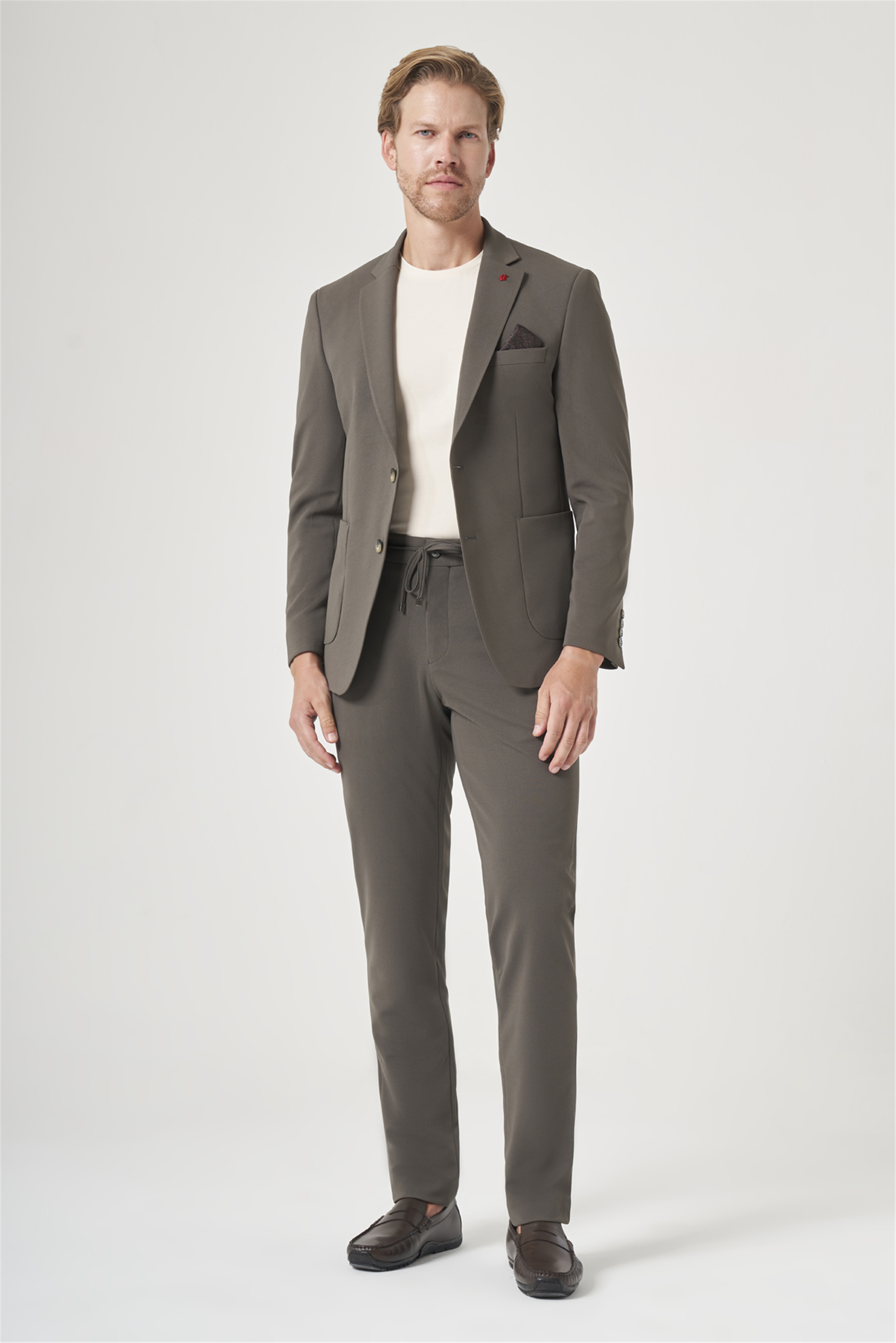 İMZA Haki Mono Yaka 6 Drop Slim Fit Beli Lastikli Takım Elbise 1001260194