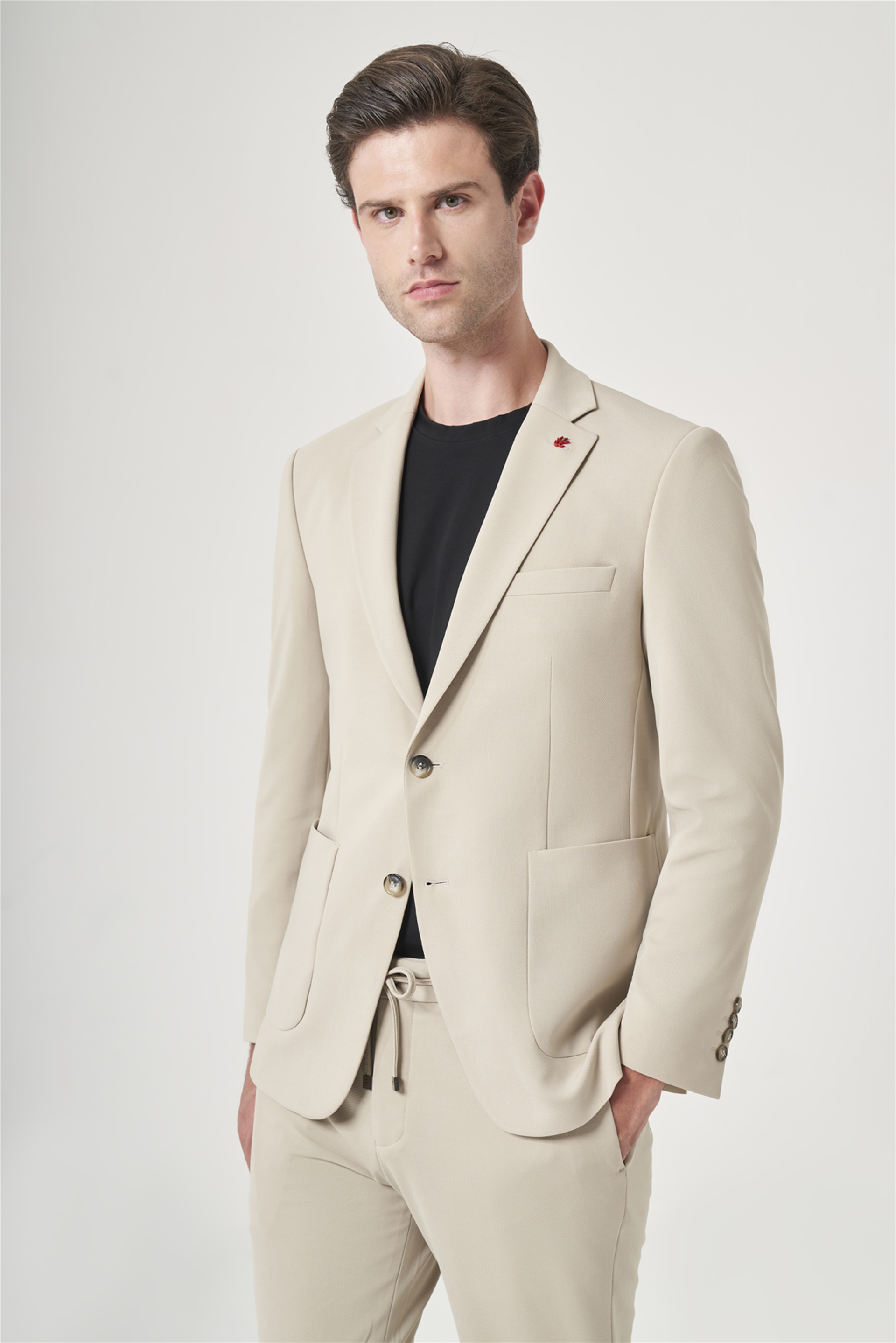 İMZA Bej Mono Yaka 6 Drop Slim Fit Beli Lastikli Takım Elbise 1001260194 görsel 2