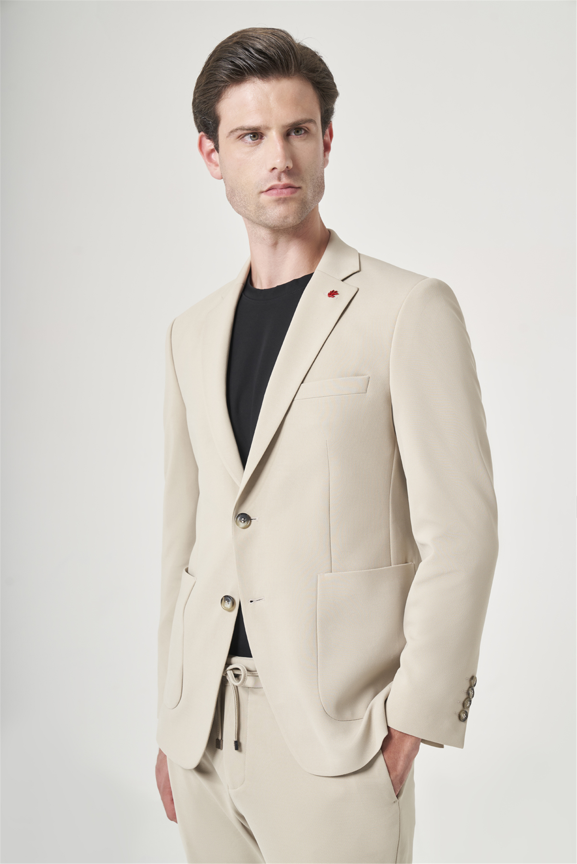 İMZA Bej Mono Yaka 6 Drop Slim Fit Beli Lastikli Takım Elbise 1001260194 görsel 3