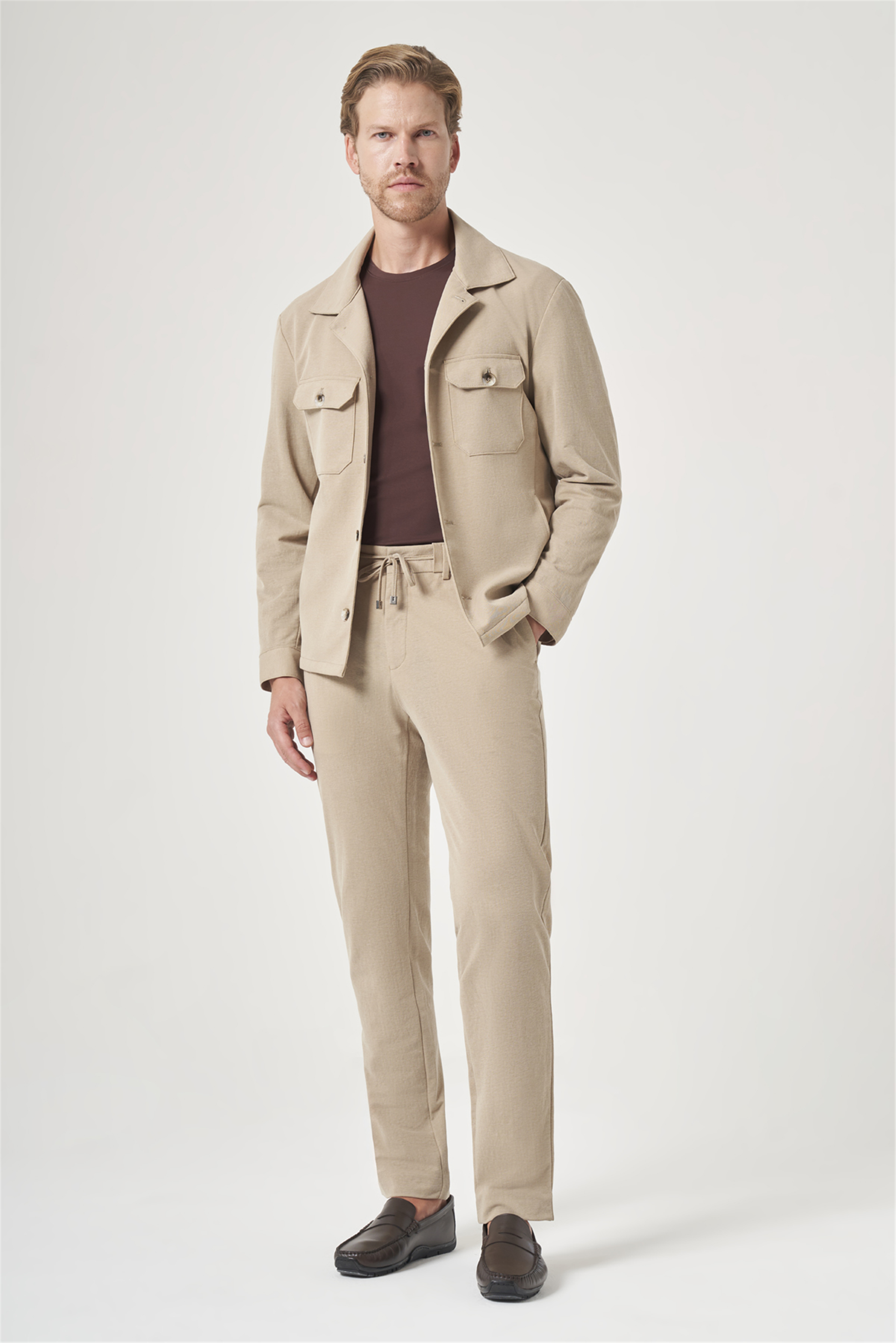 İMZA Bej Berberi Yaka Örme Beli Lastikli 6 Drop Slim Fit Astarsız Esnek Takım Elbise 1001260177