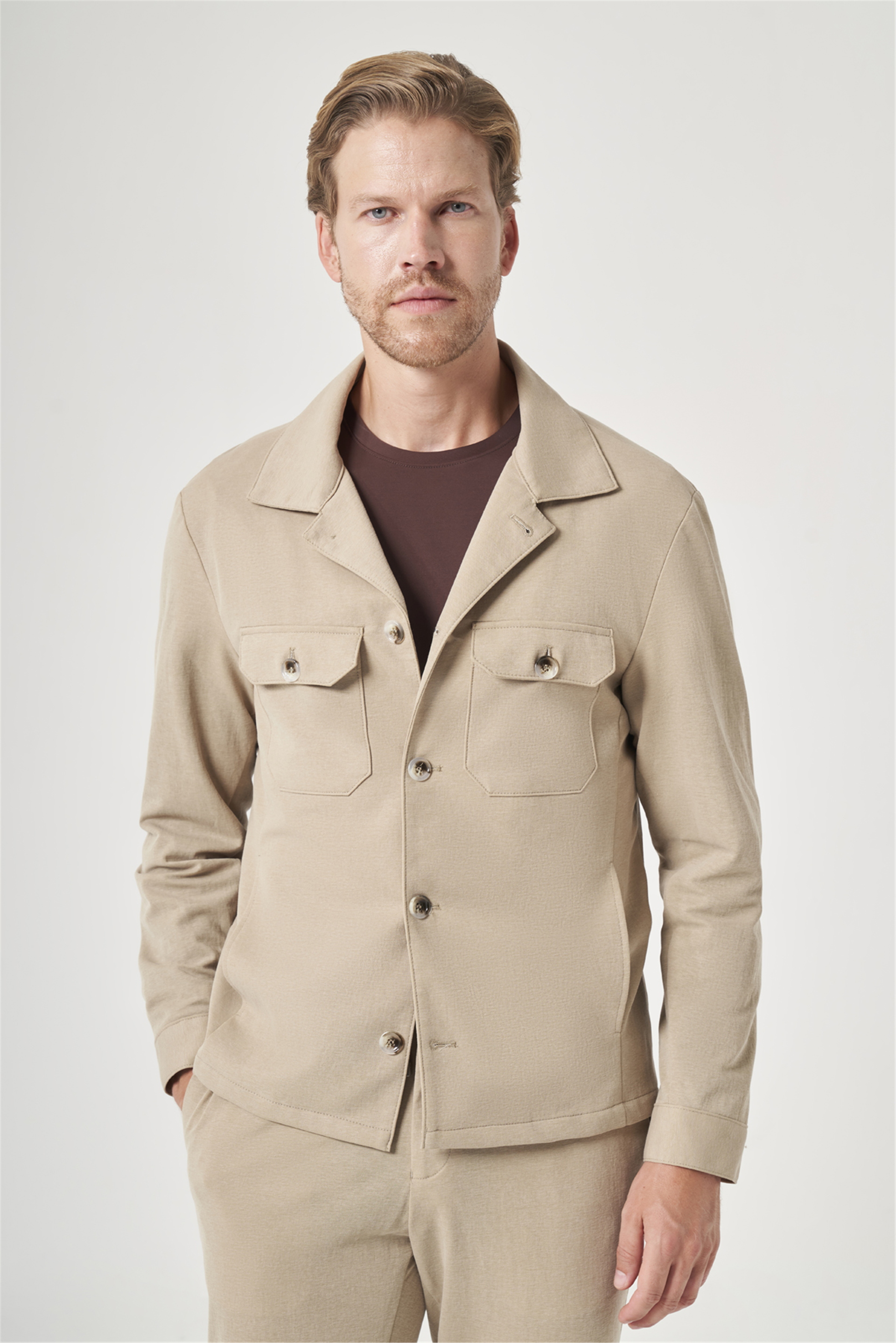 İMZA Bej Berberi Yaka Örme Beli Lastikli 6 Drop Slim Fit Astarsız Esnek Takım Elbise 1001260177 görsel 2